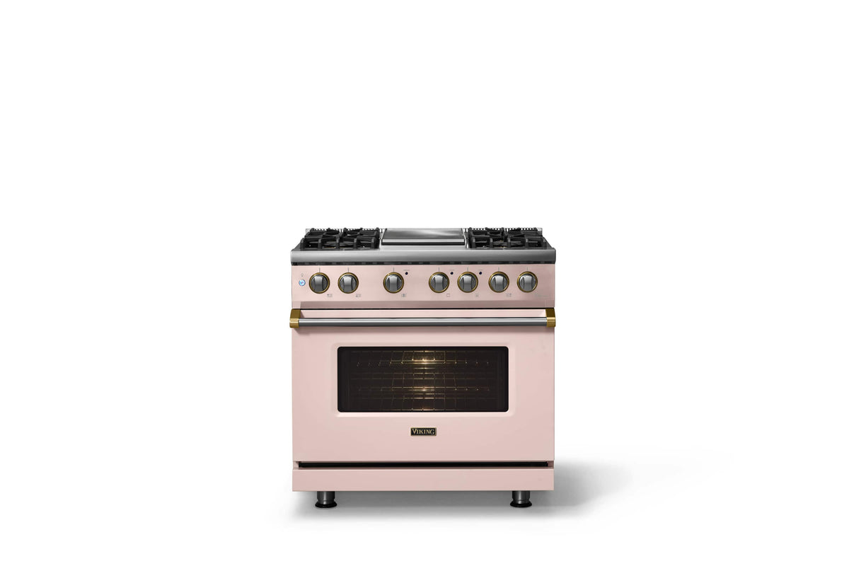 Viking - 36"W. Pro5S 5.6 Cu. Ft. Freestanding Self-Clean Sealed 4B LP DF Convection Range/Grdl-Blush/Brushed Brass - Blush