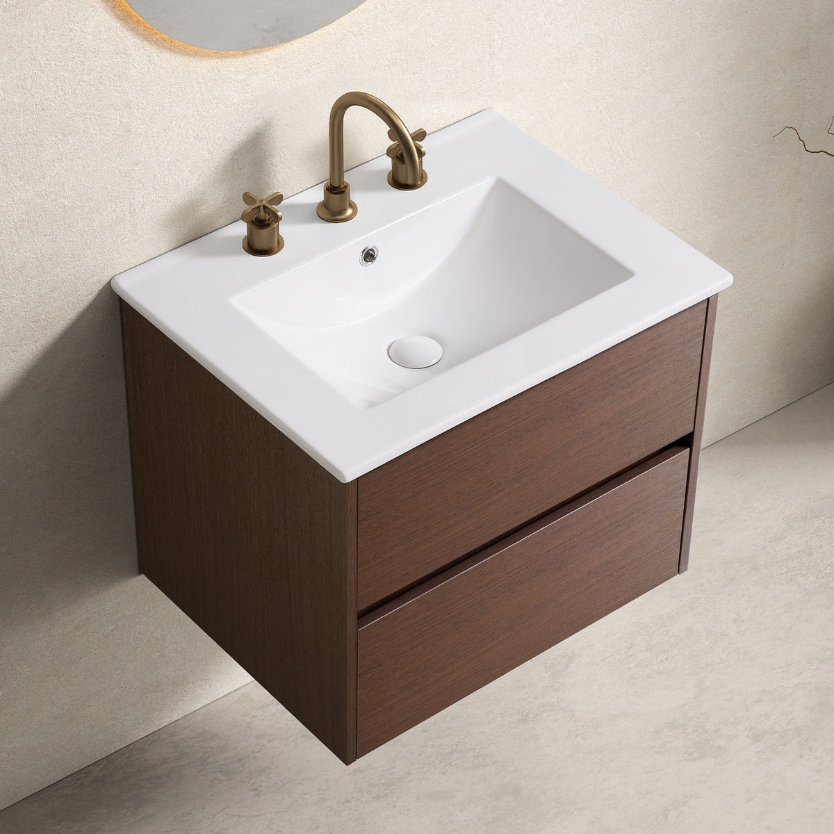 Mueble de baño con lavabo para colgar en la pared - Marrón / Marrón / Blanco