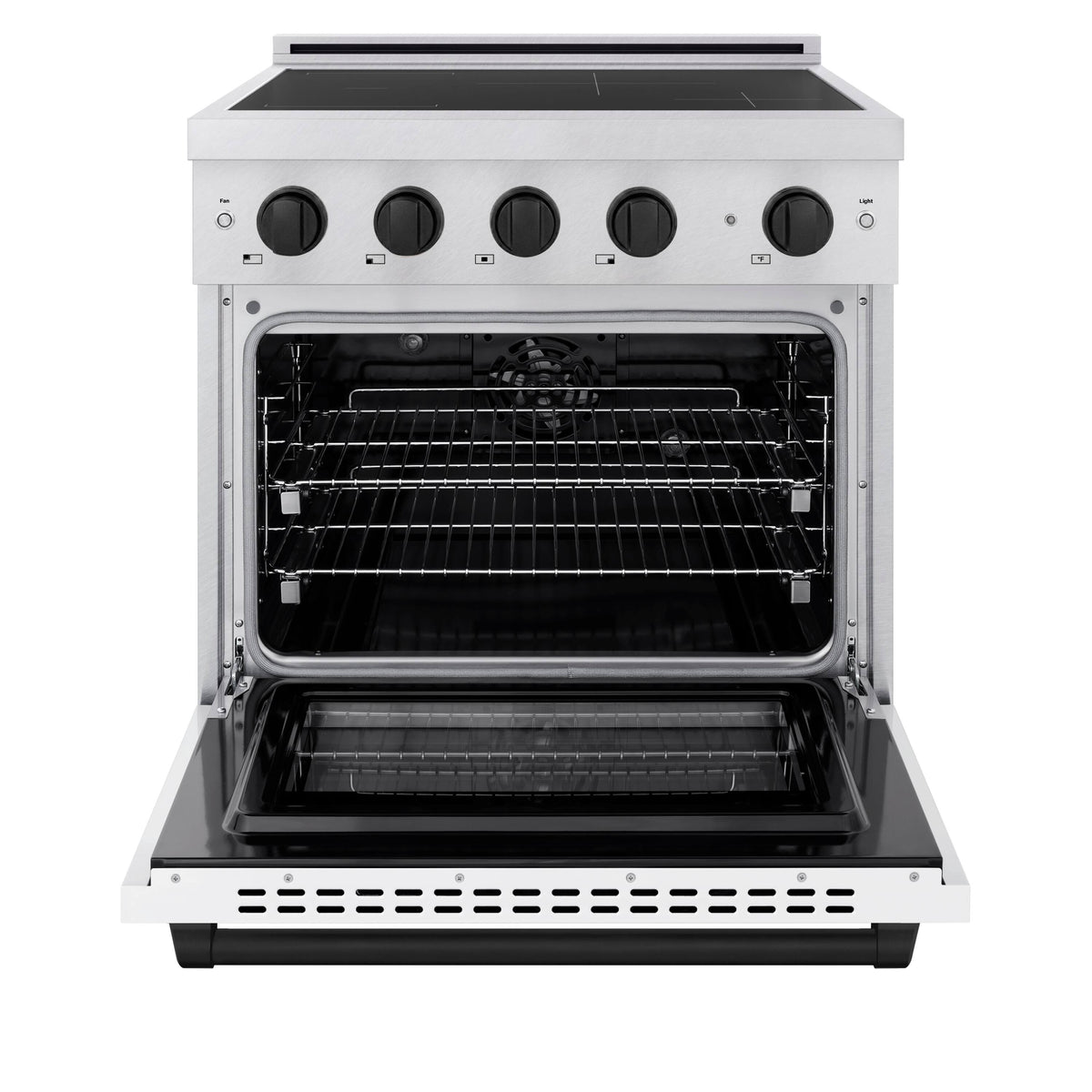 ZLINE - 30 in. Wide 4 Elements Autograph 4.2 Cu.Ft. Paramount Freestanding Induction Range in Satin Steel with Black Accents - Matte White