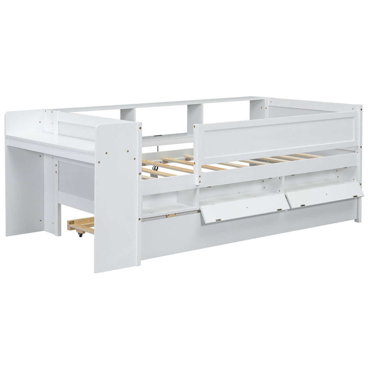 Twin Daybed With Drawers, Trundle, Headboard Storage, Study Desk, And USB Charging Station - White