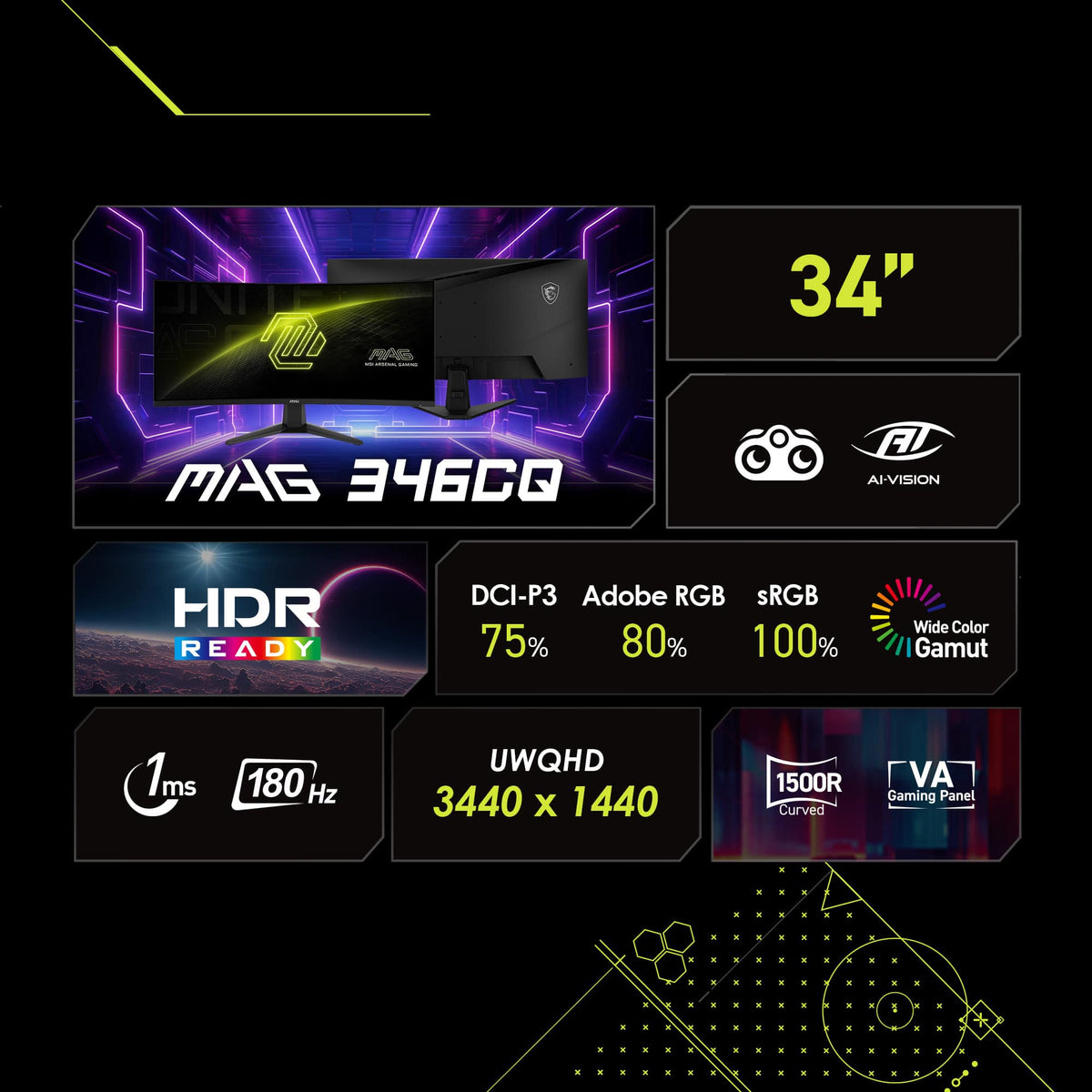 MSI - MAG 346CQ 34" LCD UWQHD 180Hz 1ms Adaptive Sync Gaming Monitor with HDR ready (DisplayPort, HDMI) - Metallic Black