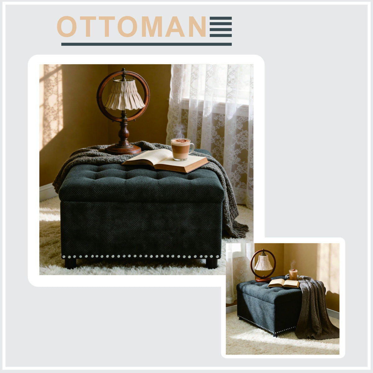 Otomana cuadrada con botones y borde de tachuelas