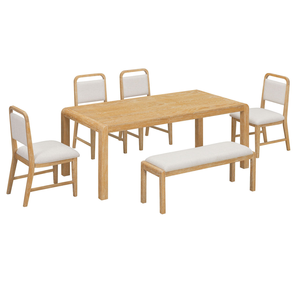 Juego de comedor extensible con 4 sillas tapizadas y 1 banco