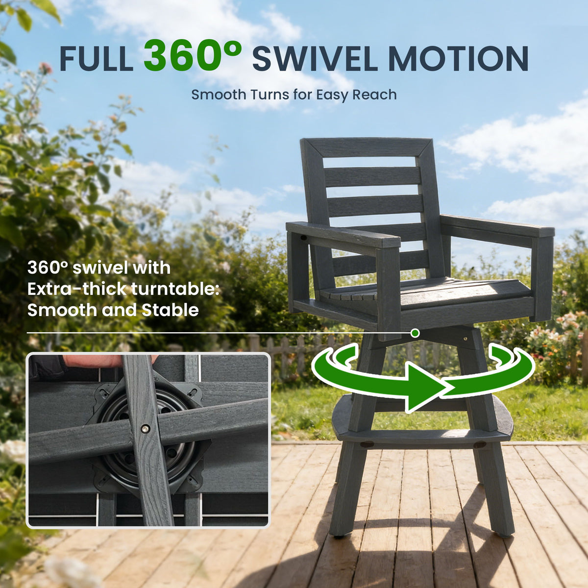 Outdoor Swivel Bar Chair, Ladderback With Wide & Thickened Frame