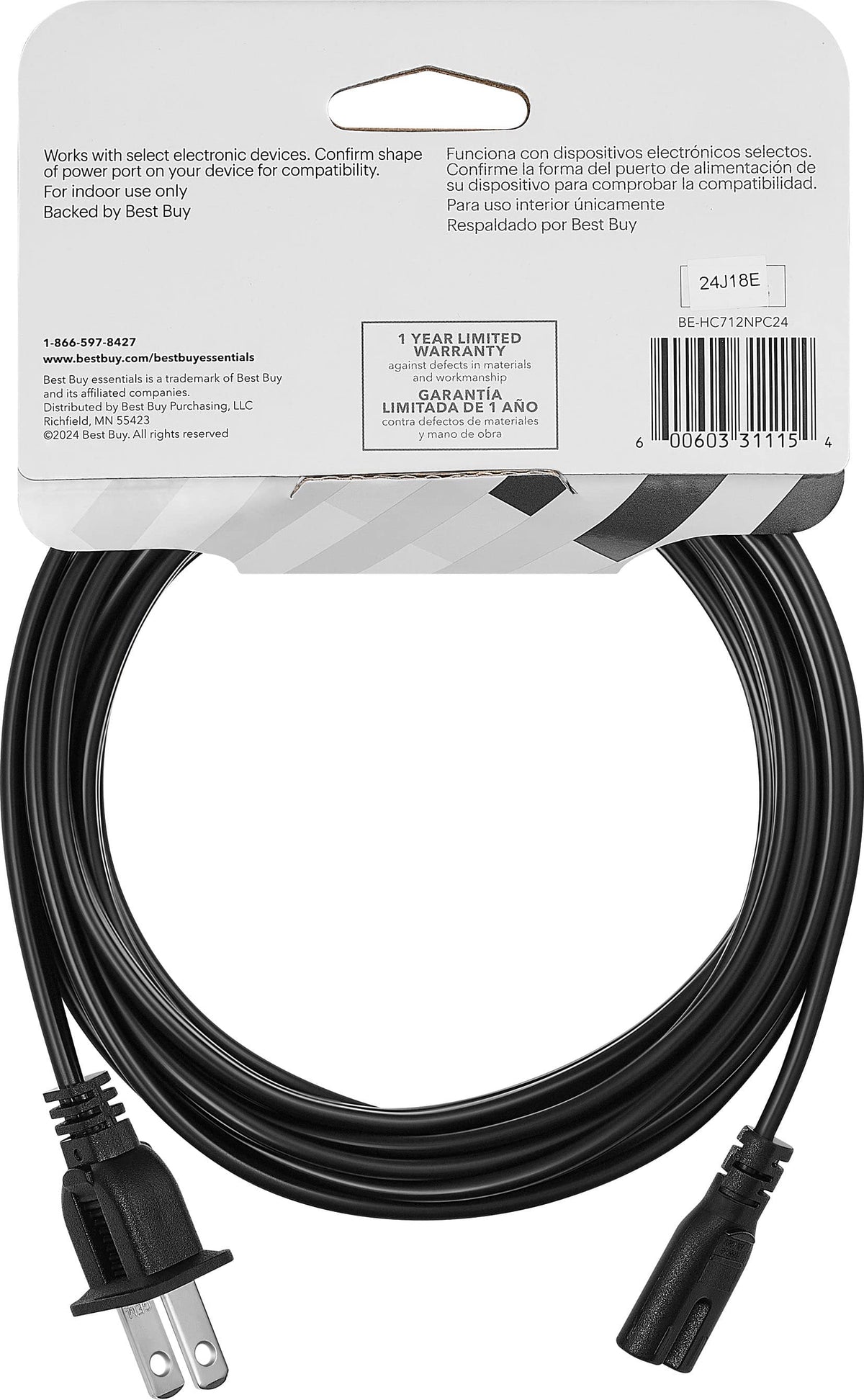 Best Buy essentials™ - 12' 2-Slot Non-Polarized Power Cord - Black