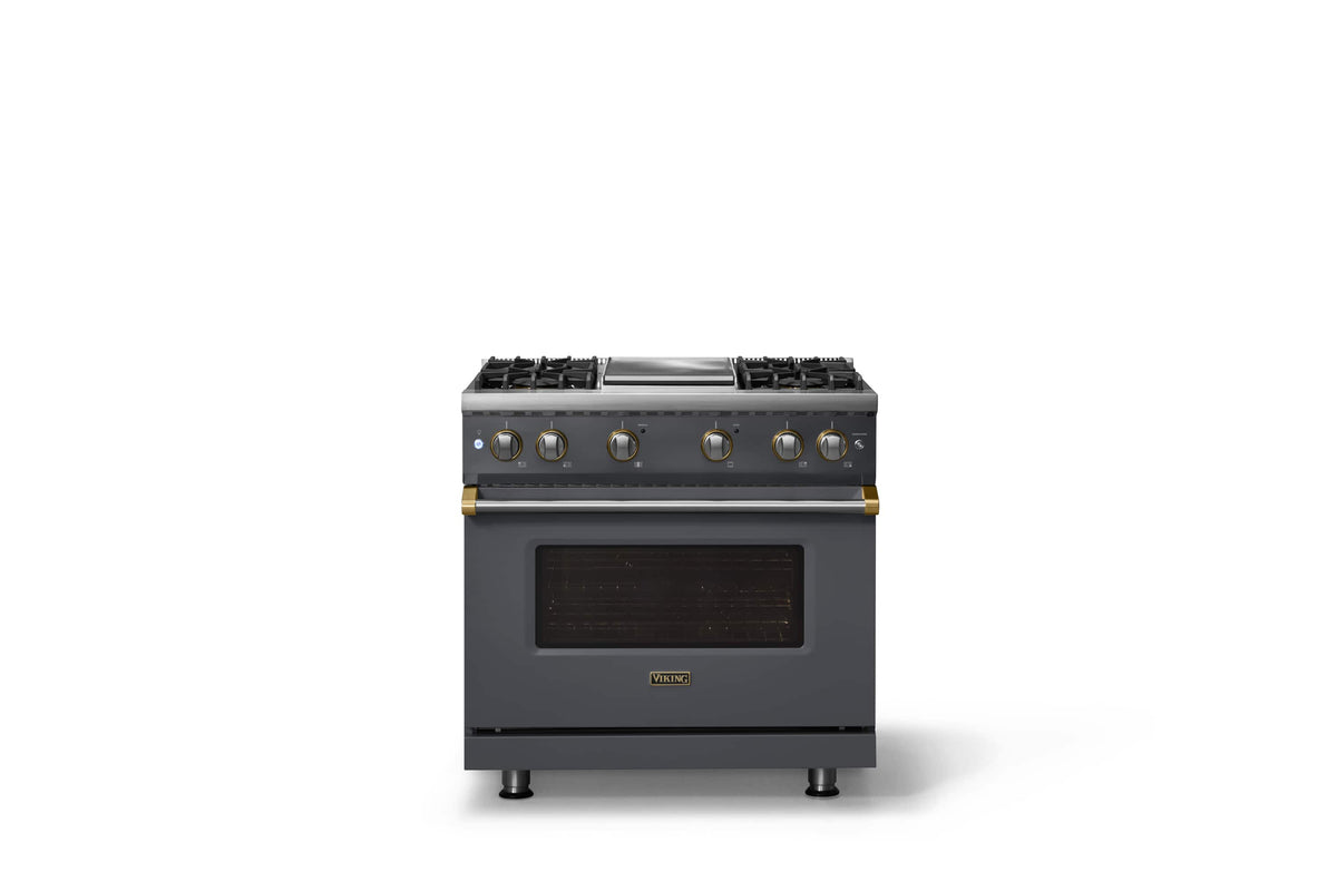 Viking - 36 in. Wide Pro 5 Series 5.1 Cu. Ft. Freestanding Sealed 4 Burner LP Gas Convection Range - Cast Black w. Brushed Brass - Cast Black