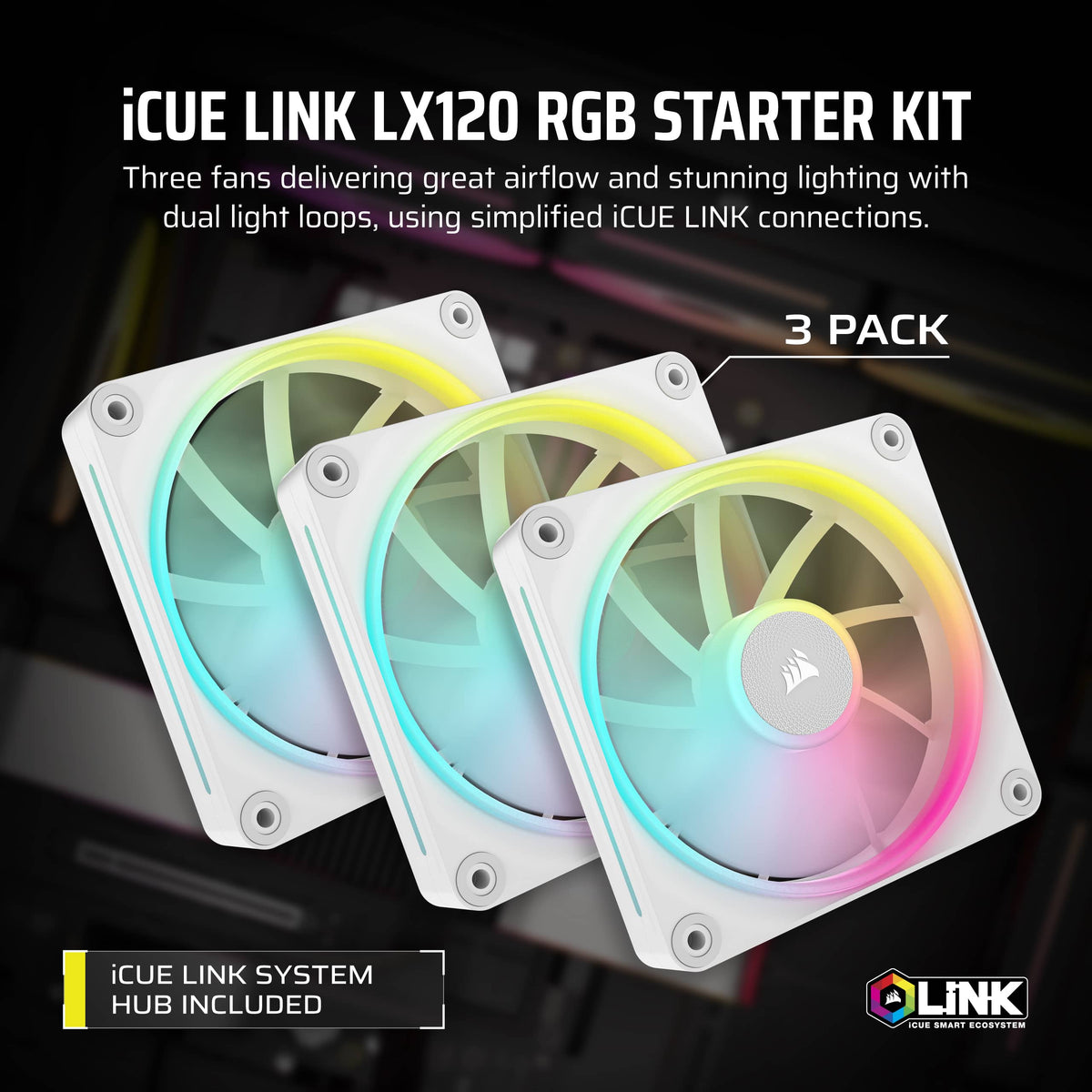 CORSAIR - iCUE LINK LX120 RGB 120mm PWM Case Fans Starter Kit (3-pack) - White