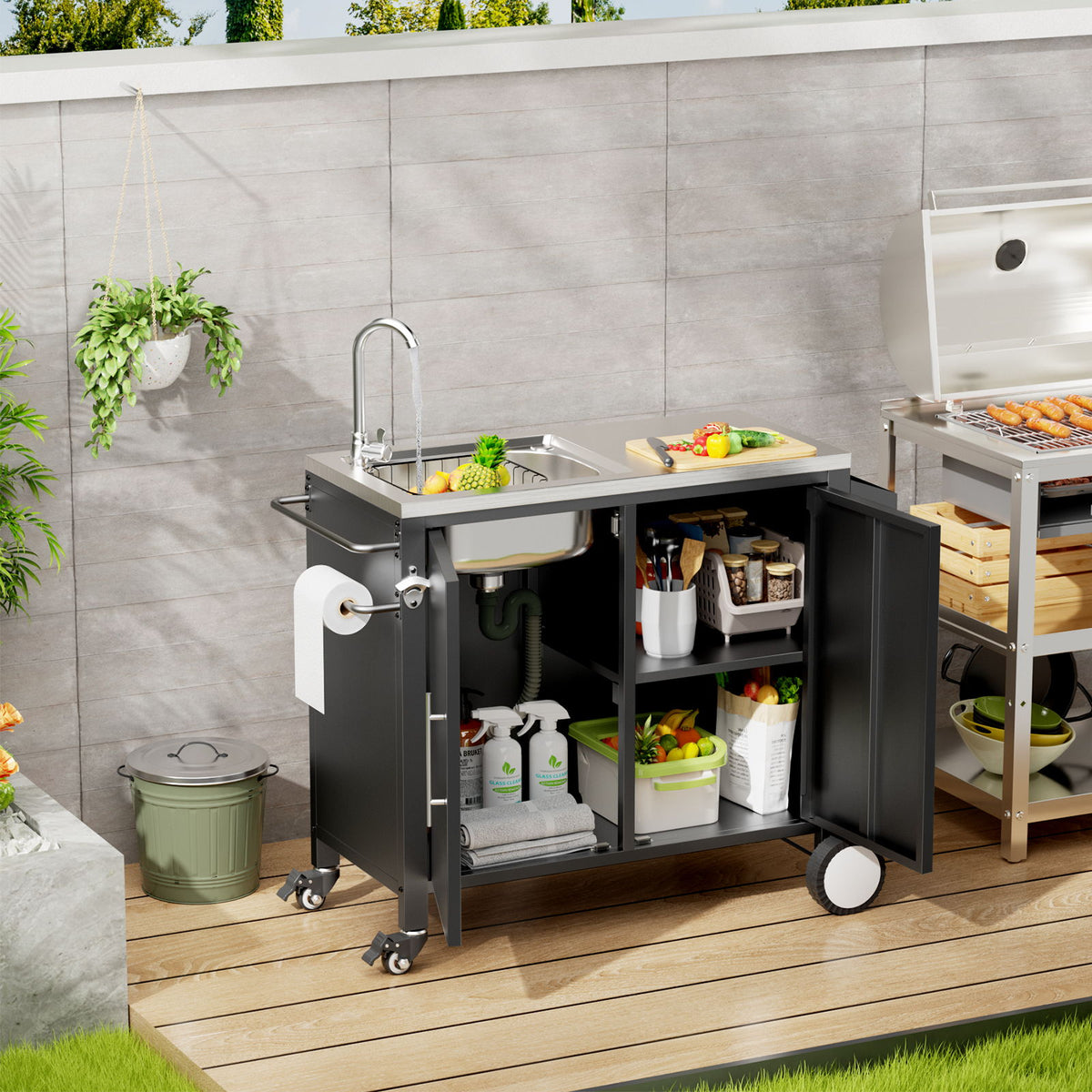 Mesa para parrilla de exterior con fregadero, carro para parrilla con fregadero y armario con ruedas - Negro / Plata