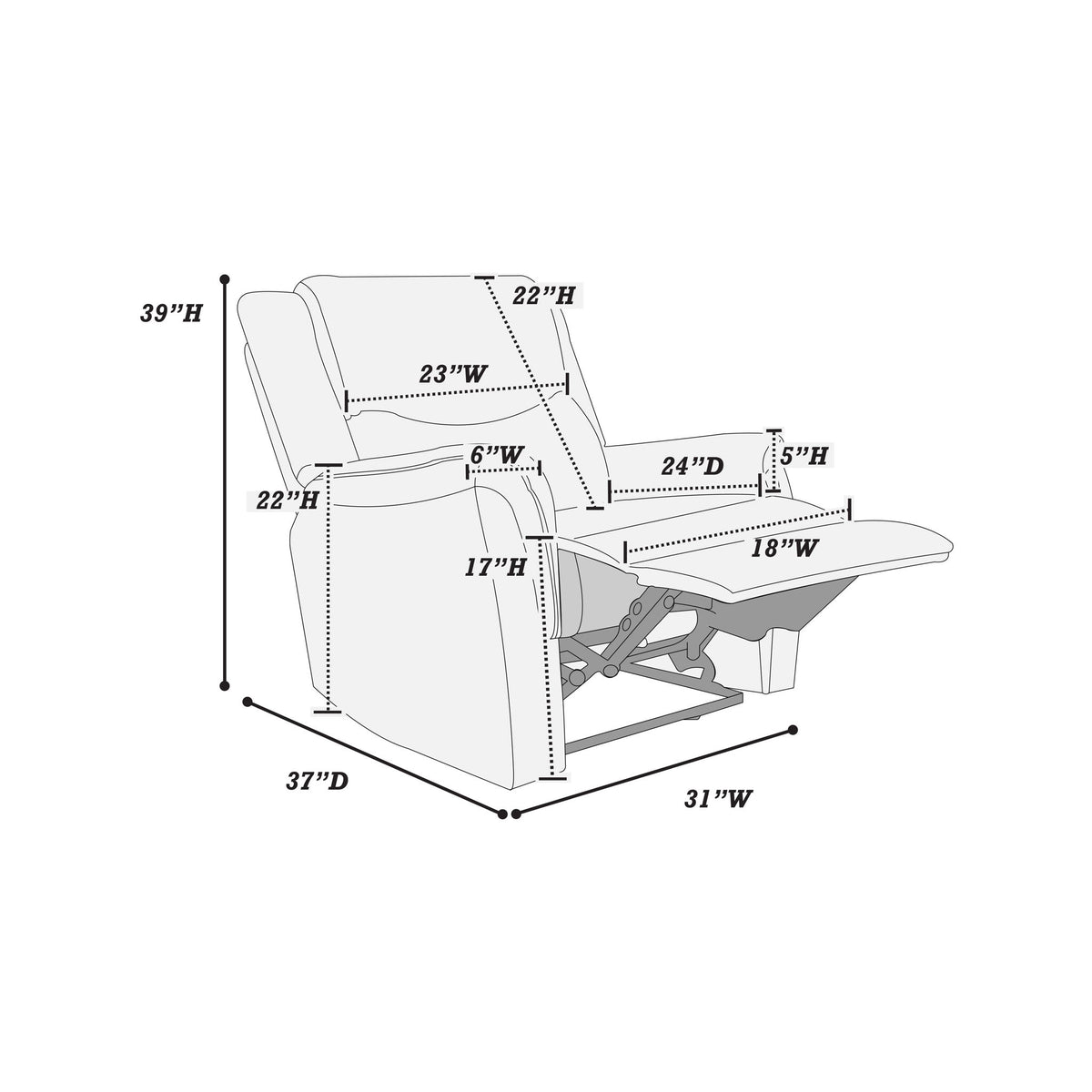 Sillón reclinable manual con asiento y respaldo tapizados y reposacabezas de apoyo