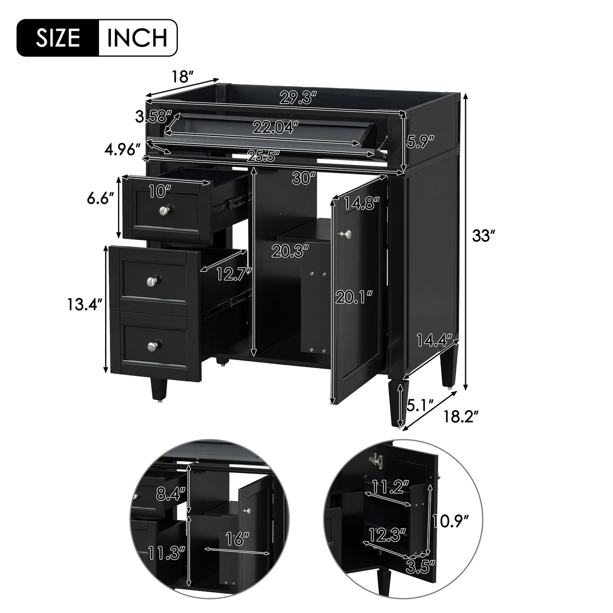 Bathroom Vanity With 2 Drawers And Tip-Out Drawer, Storage Cabinet