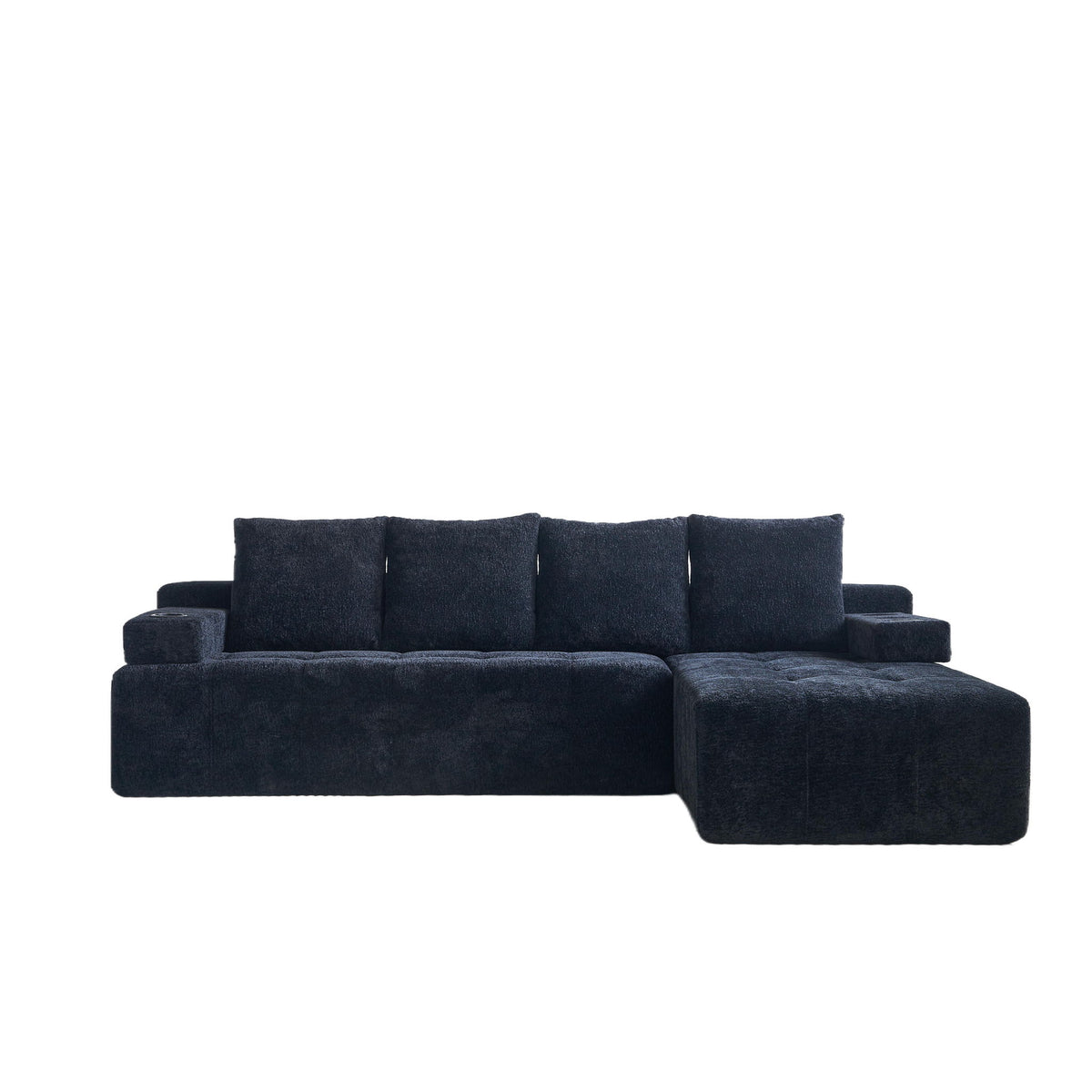 Sofá seccional en forma de L con bolsillos laterales, carga inalámbrica, puertos USB, portavasos, altavoz Bluetooth y chaise longue reversible - Negro
