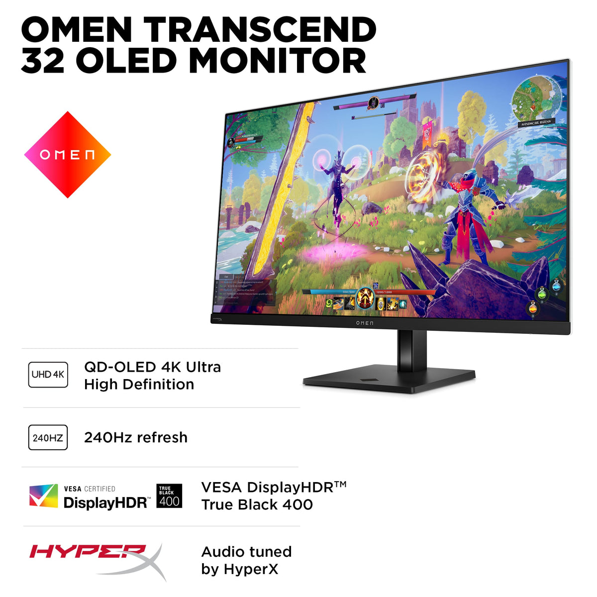 HP OMEN - Transcend 31.5" QD-OLED 4K UHD 240Hz G-SYNC Compatible Gaming Monitor with Adjustable Height - Black/White