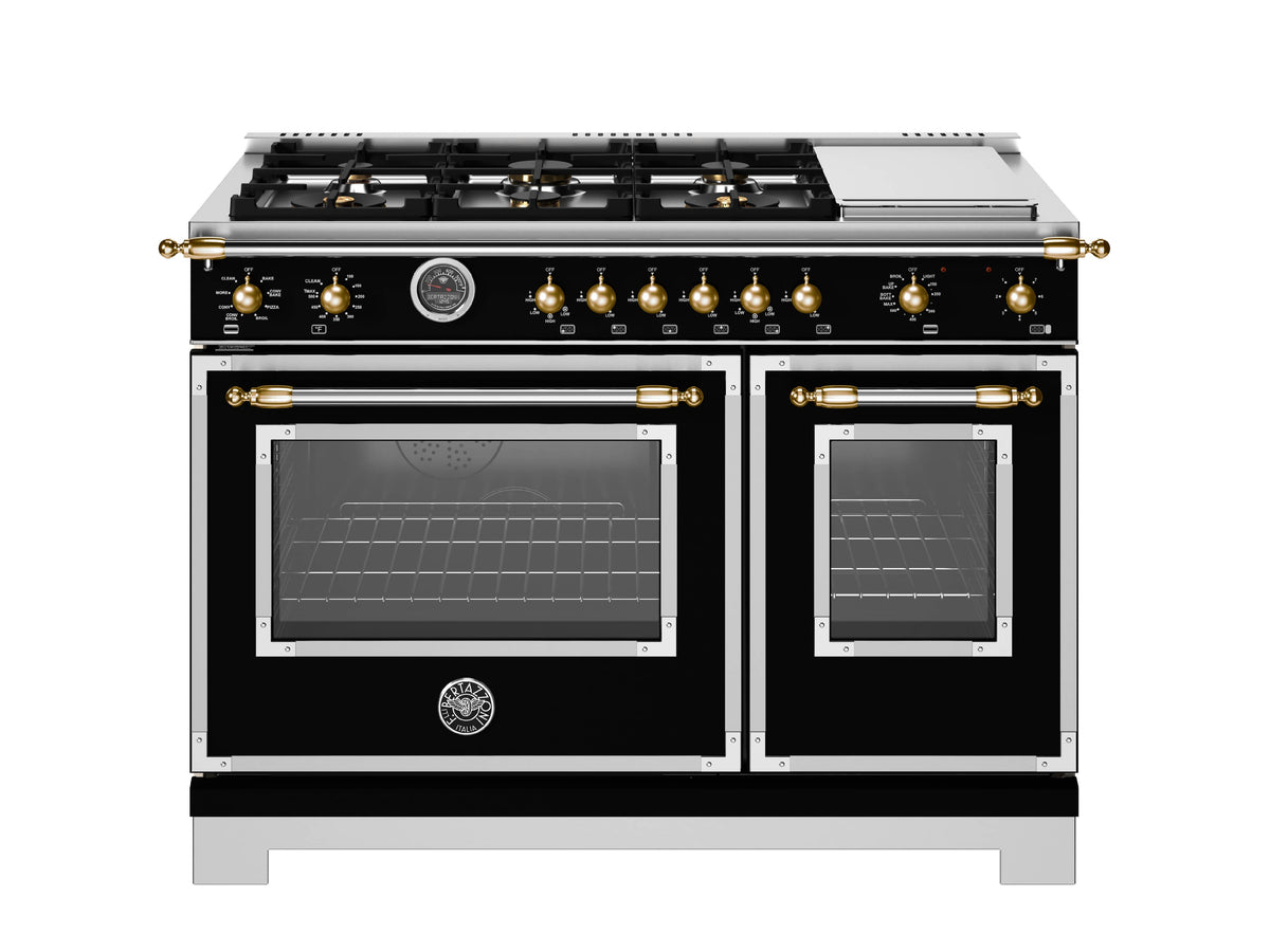 Bertazzoni - 48" Heritage Series Dual Fuel Range - Nero Matt/Gold - Black