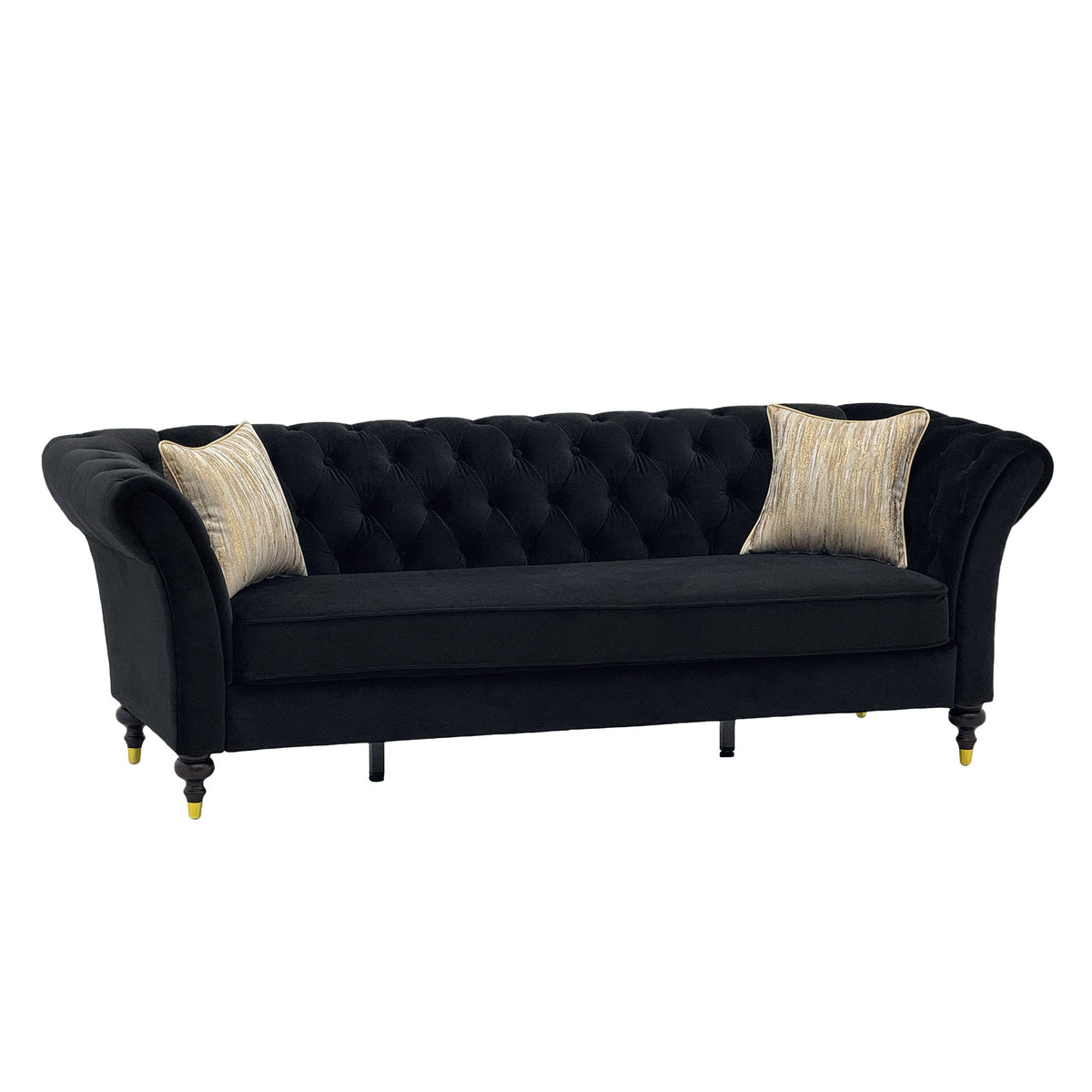 3 Seater Button Tufted Sofa With Rolled Arms, Living Room Couch With 2 Pillows - Black