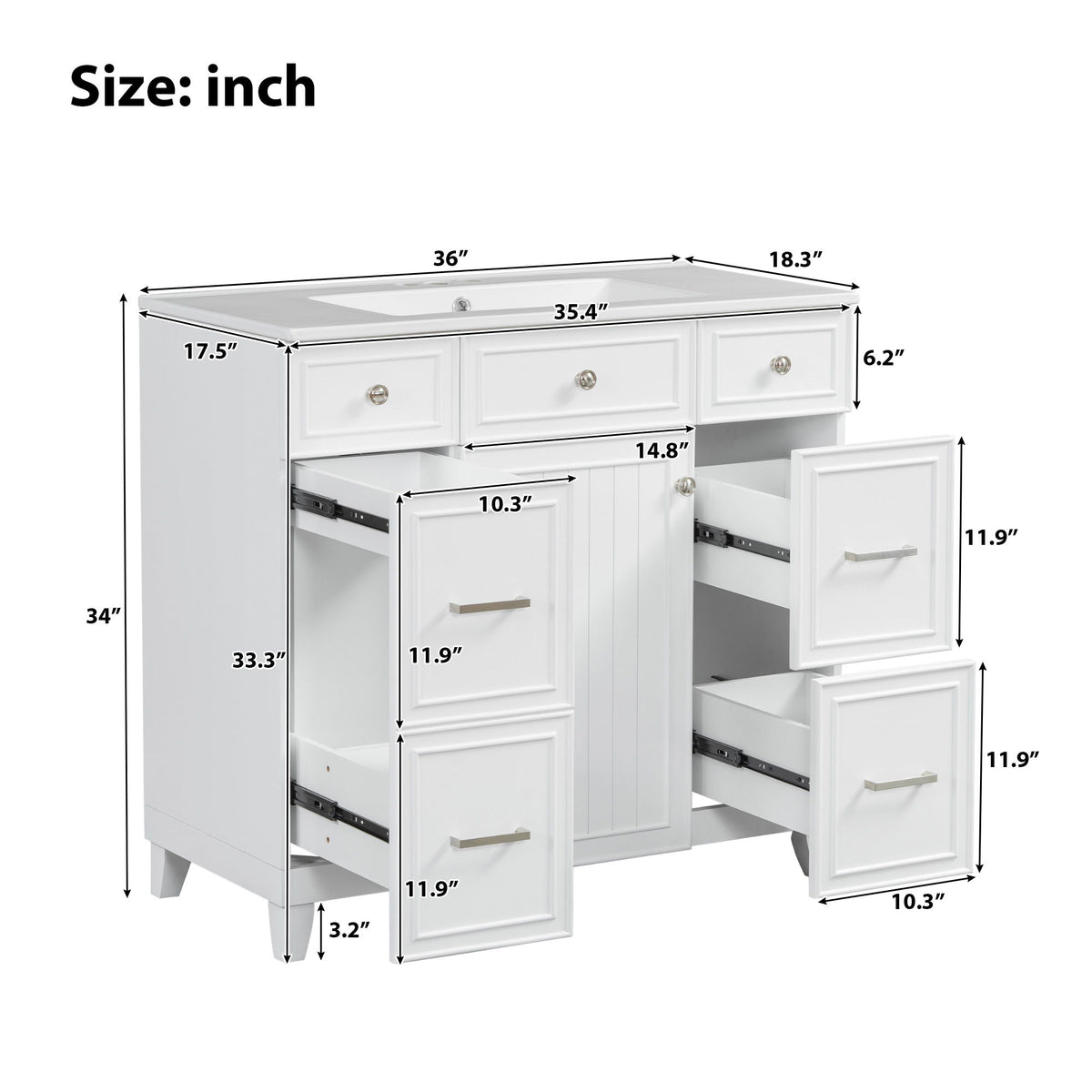 Bathroom Vanity With Ceramic Sink, Soft Close Doors, Adjustable Shelves
