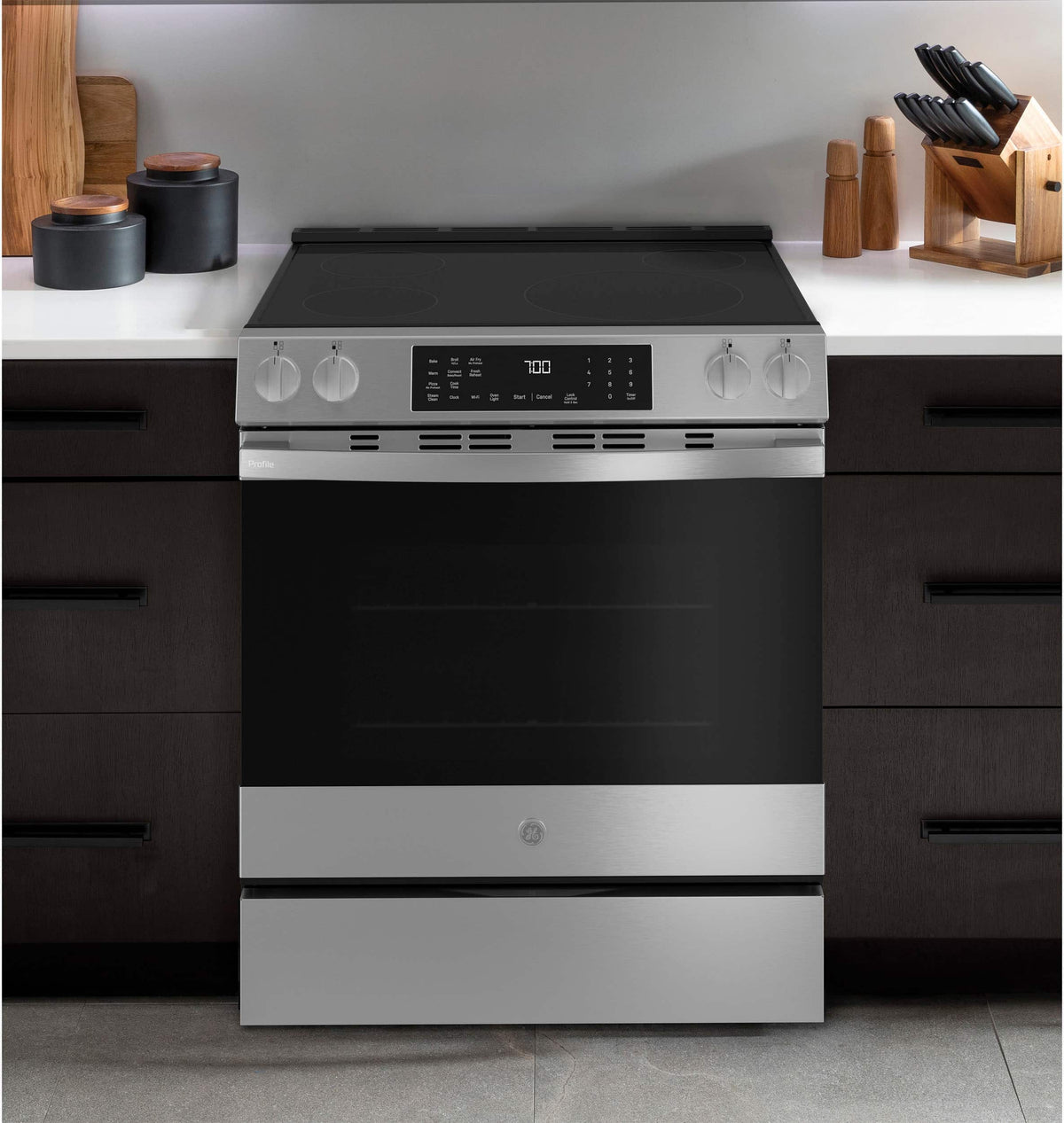 GE Profile - 30 in. Wide 4 Elements 5.3 Cu. Ft. Slide-In Electric Induction Convection Range with Air Fry and EasyWash Oven Tray - Stainless Steel