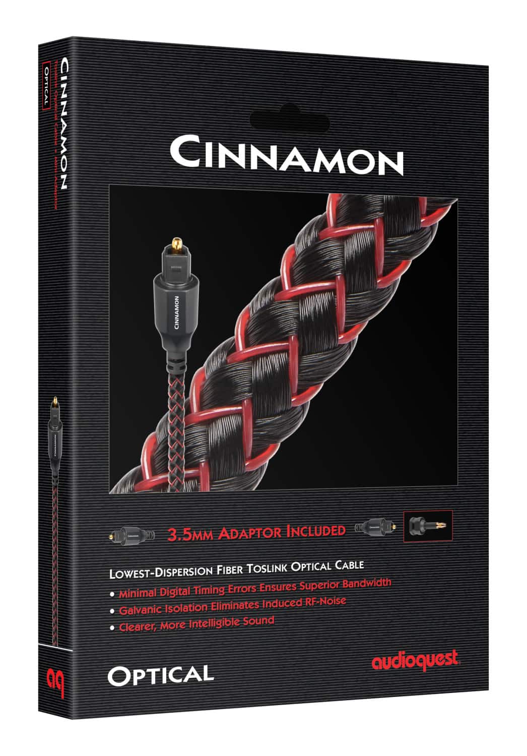 AudioQuest - Cinnamon Optical 2.5' Digital Toslink Fiber-Optic Cable + Mini-Adaptor with Toslink to Toslink Connectors - Red on Black