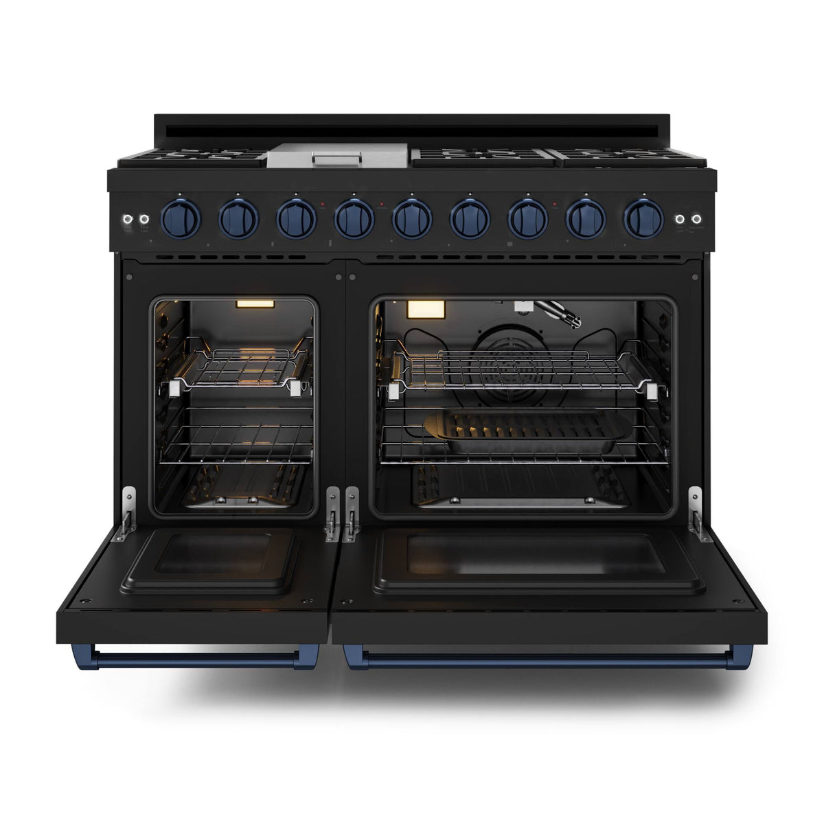 48 in. Wide 7 Burner Gordon Ramsay Series by Thor Kitchen 6.8 Cu. Ft Freestanding Gas Range with Navy Blue Hardware - Black