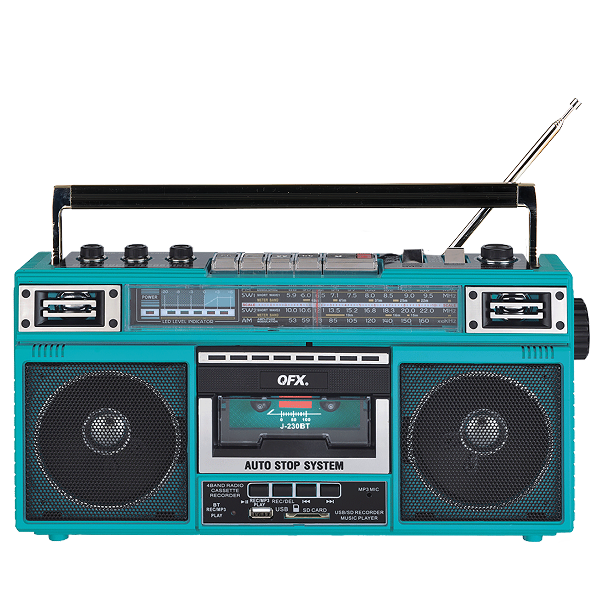 QFX - RECHARGEABLE CASSETTE AM/FM/SW1-2 RADIO BLUETOOTH BOOMBOX WITH USB RECORDING - Turquoise