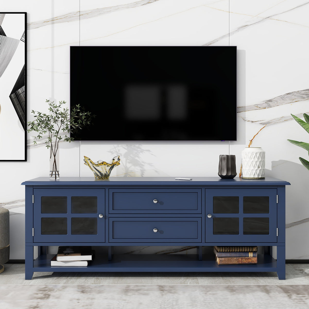 TV Stand, Entertainment Center With Dual Drawers And Hidden Storage, Cabinet With Soft Closing Doors And Sleek Panel Design