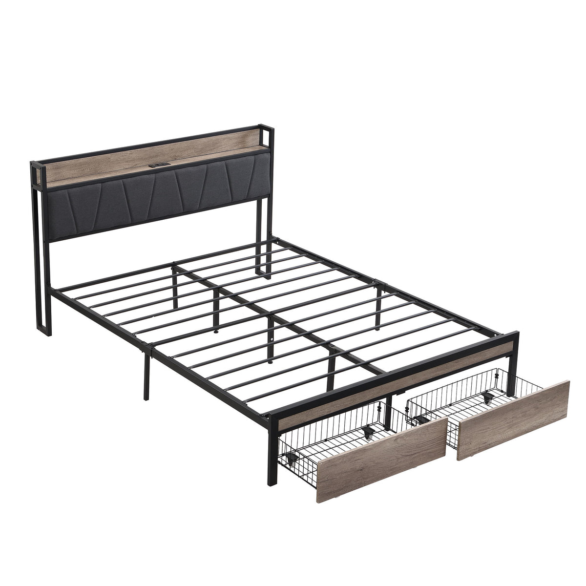 Base de Cama Moderna con Luces LED, Cabecero Tapizado, Carga USB