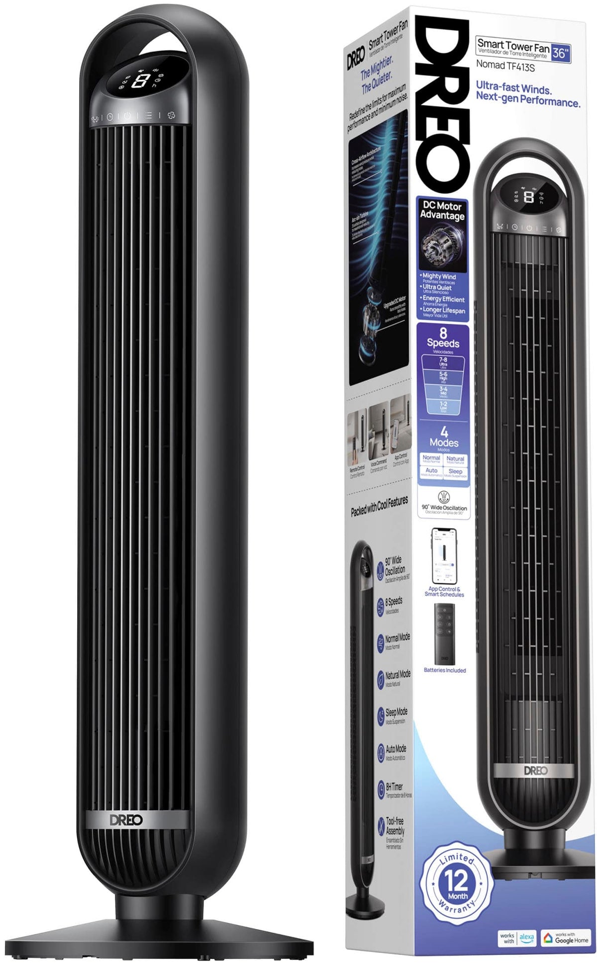 DREO - 27ft/s Velocity Quiet Floor Fan, 90° Oscillation, 8 Speeds, Remote Control, 4 Modes,DC Motor, Nomad - Black