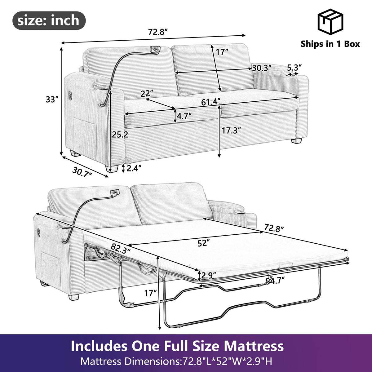 Sofá cama de dos plazas con colchón de tamaño completo, 2 puertos USB, 2 portavasos, 2 bolsillos laterales y soporte para teléfono