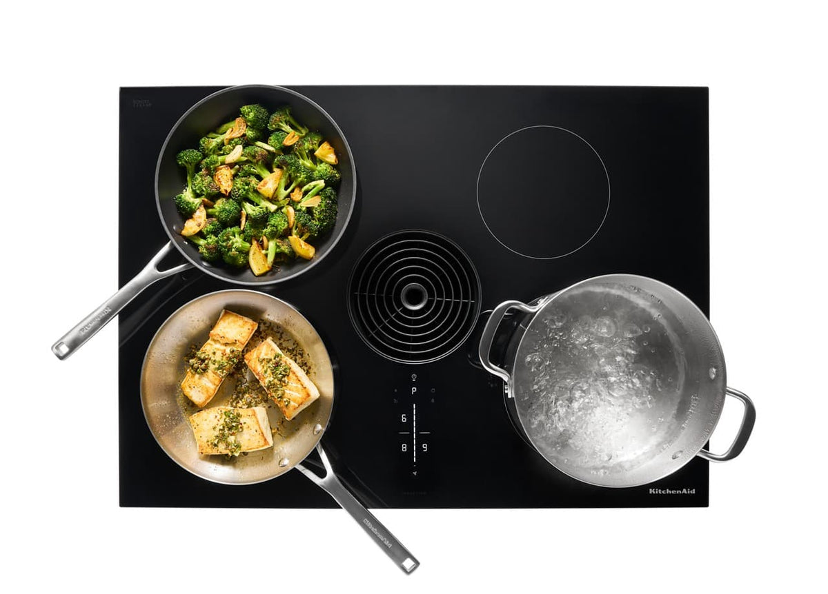 KitchenAid - 30 in. Wide 4 element Built-In Downdraft Electric Induction Cooktop with Quiet Ventilation - Black