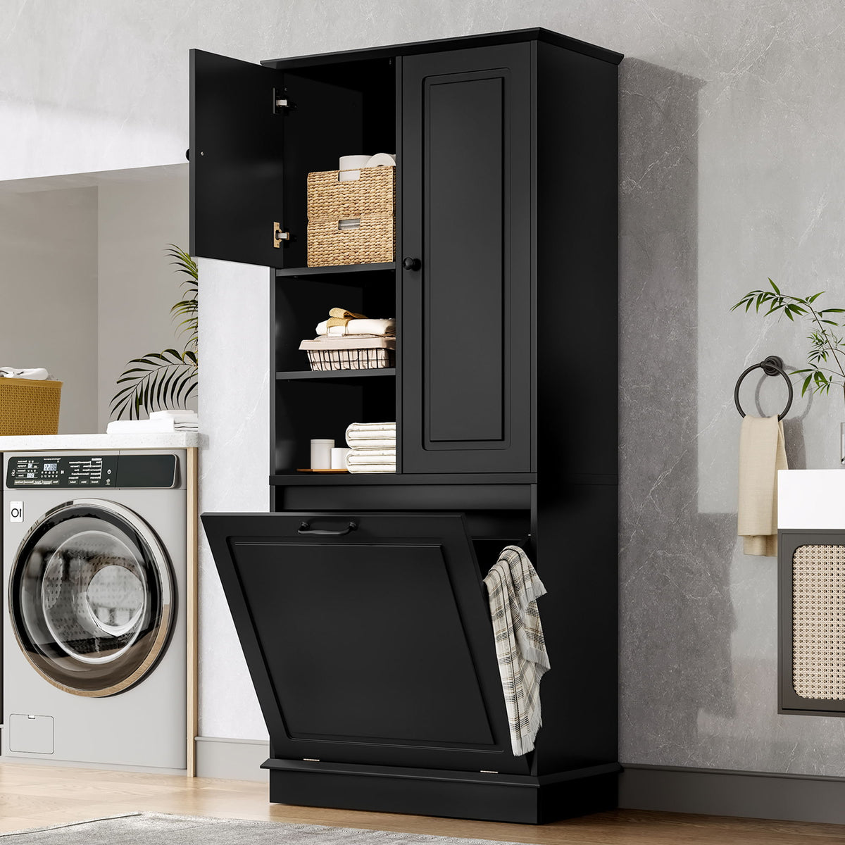 Armario alto moderno con estantes ajustables, cesta extraíble y puertas cerradas