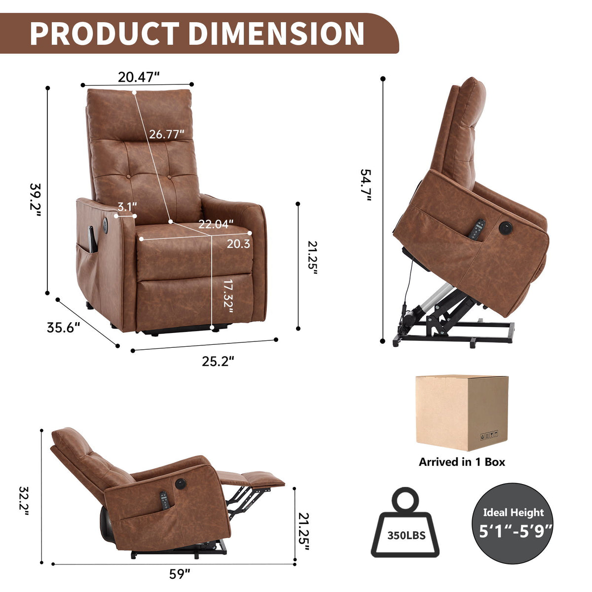 Sillón reclinable elevador con motor único, masaje, calor y puerto USB de carga - Marrón