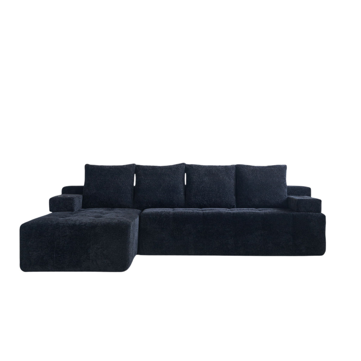 Sofá seccional en forma de L con bolsillos laterales, carga inalámbrica, puertos USB, portavasos, altavoz Bluetooth y chaise longue reversible - Negro