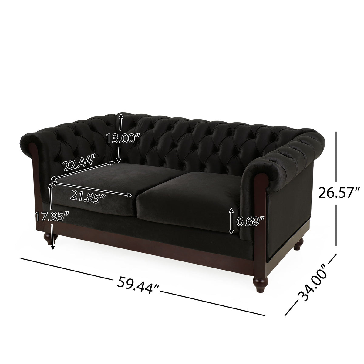 Chesterfield Loveseat Sofa, 2 Person Rolled Arm Upholstered Couch