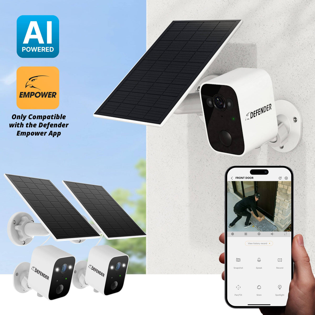 Defender - Solar Powered 4K AI Everwatch Wireless Security Camera with 3W Solar Panel, AI Detection, 2 Pack - White