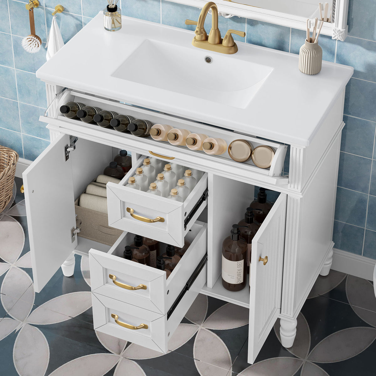 Mueble de baño con lavabo, cajón superior abatible, puertas de cierre suave, 2 cajones de almacenamiento