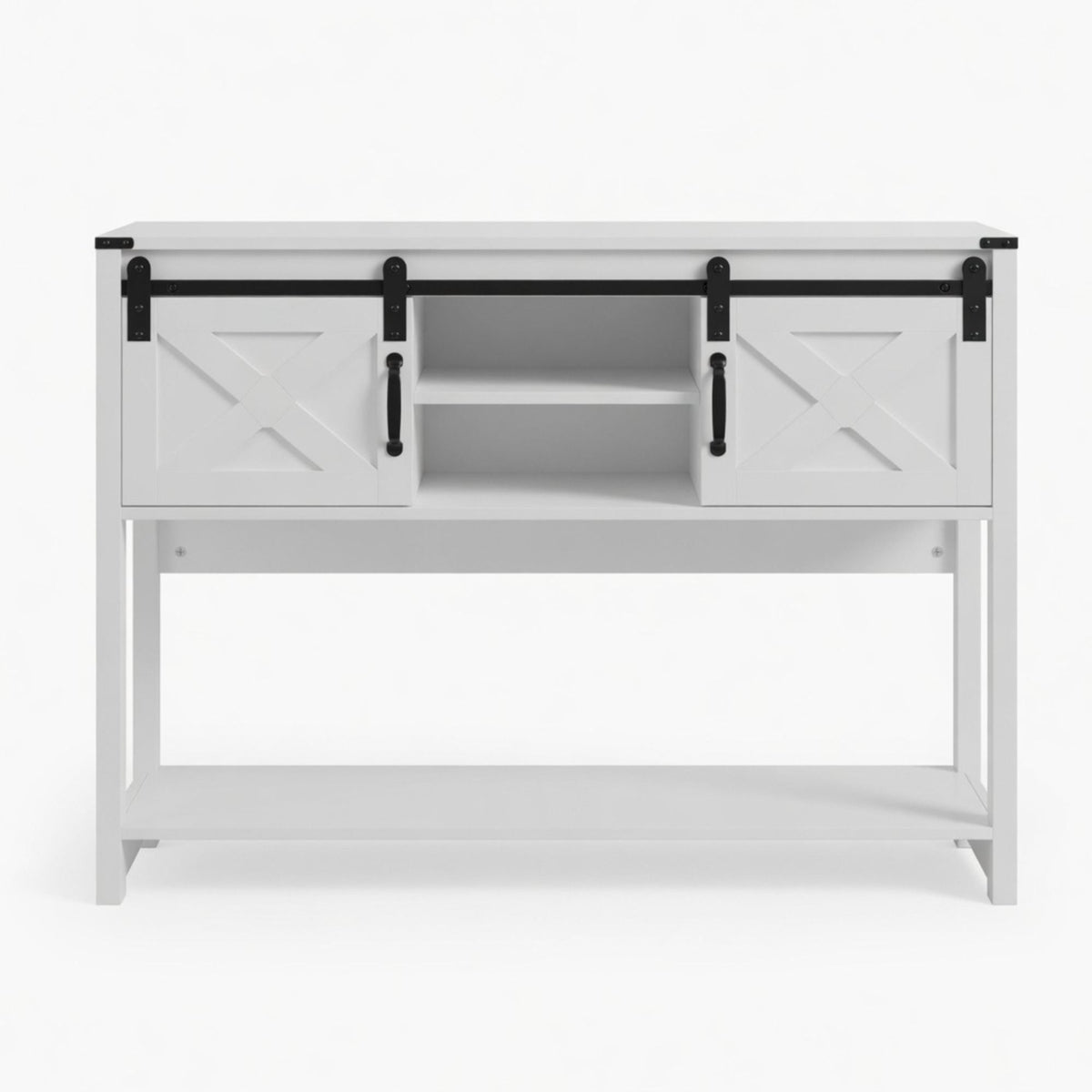 Mesa de entrada rústica con puerta corrediza estilo granero