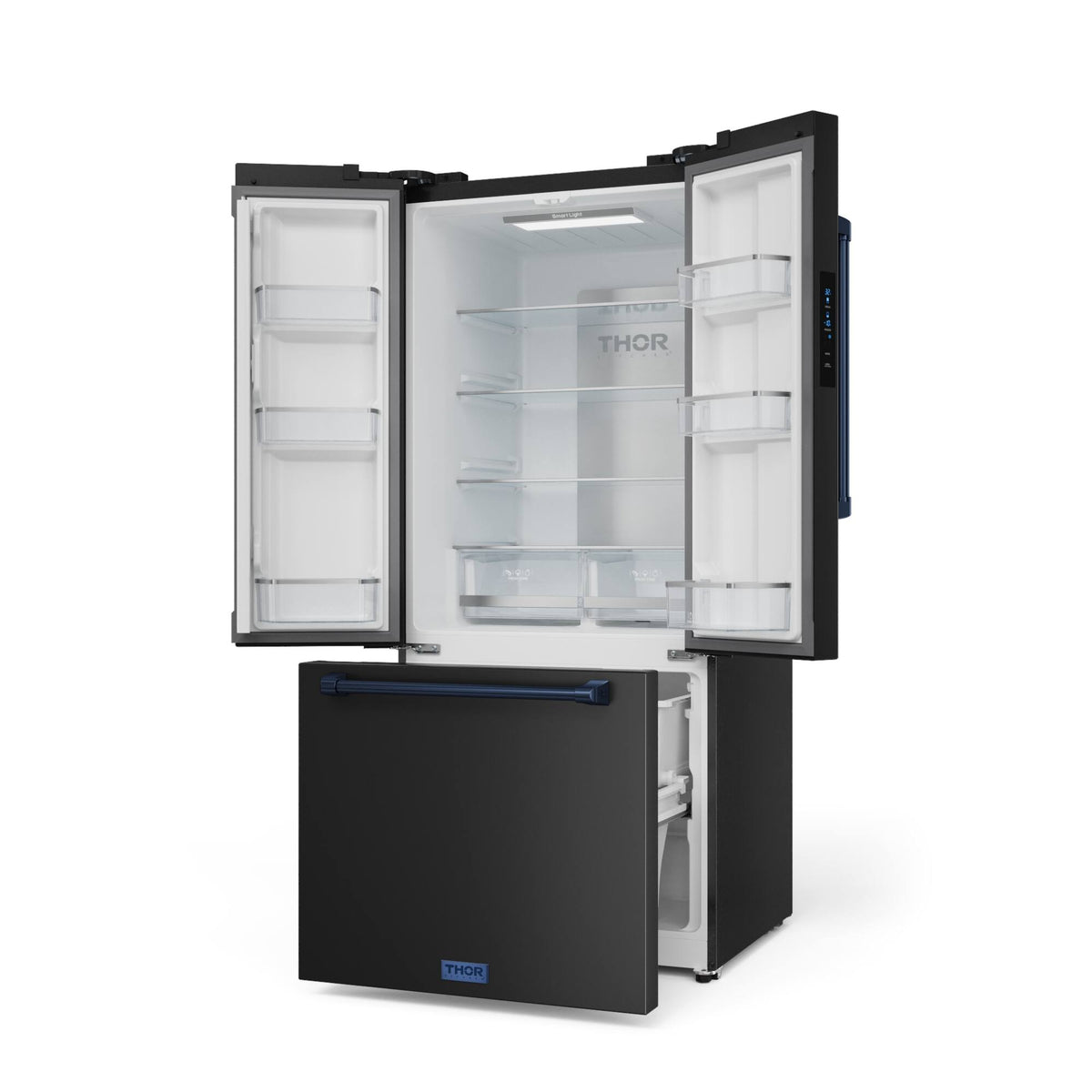 30 in. Wide Gordon Ramsay Series by Thor Kitchen 17.5 Cu. Ft. Counter Depth Refrigerator with Navy Blue Hardware - Black