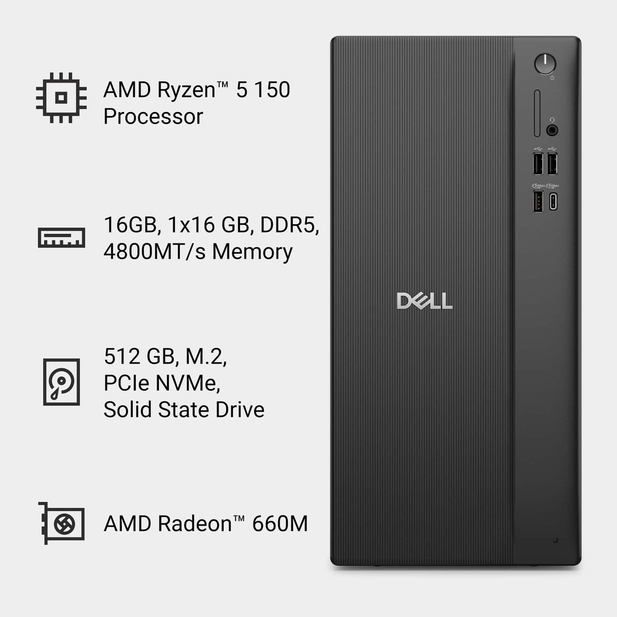 Dell - Desktop - AMD Ryzen 5 150 2025 - 16GB Memory - AMD Radeon 660M - 512GB Storage - Black