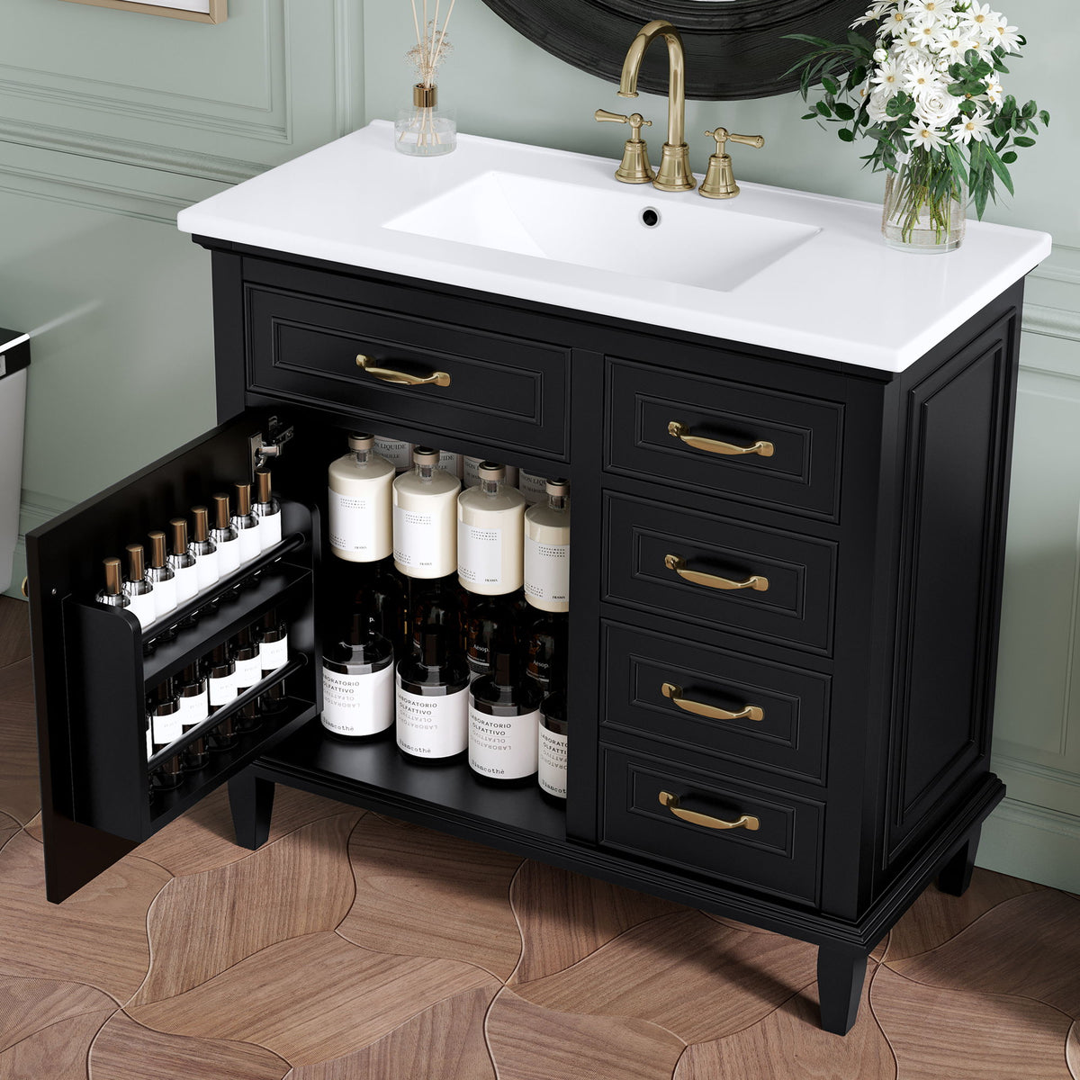 Tocador de baño moderno con lavabo integrado, cajones abatibles y estante ajustable