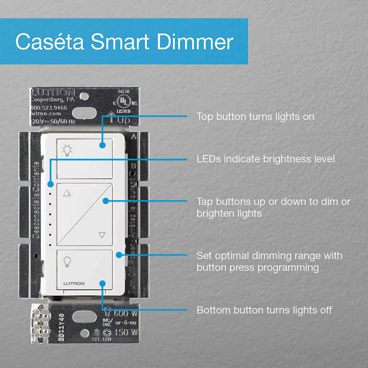 Lutron - Caseta Smart Dimmer Switch, 150W LED/600W Incandescent, for Wall and Ceiling Lights - White