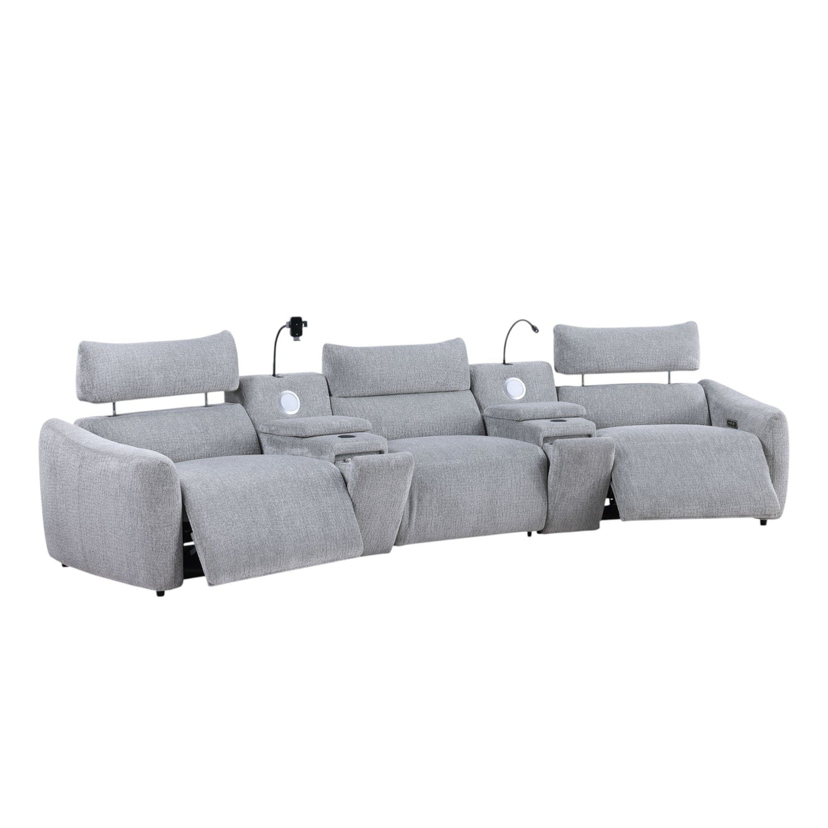 Fullar - Sofá Seccional Modular Reclinable Eléctrico Con Consola, 2 Cargadores Inalámbricos, 4 Portavasos Y 2 Altavoces, 1 Soporte Para Teléfono Y 1 Lámpara de Lectura, Reposacabezas Ajustable - Gris Claro