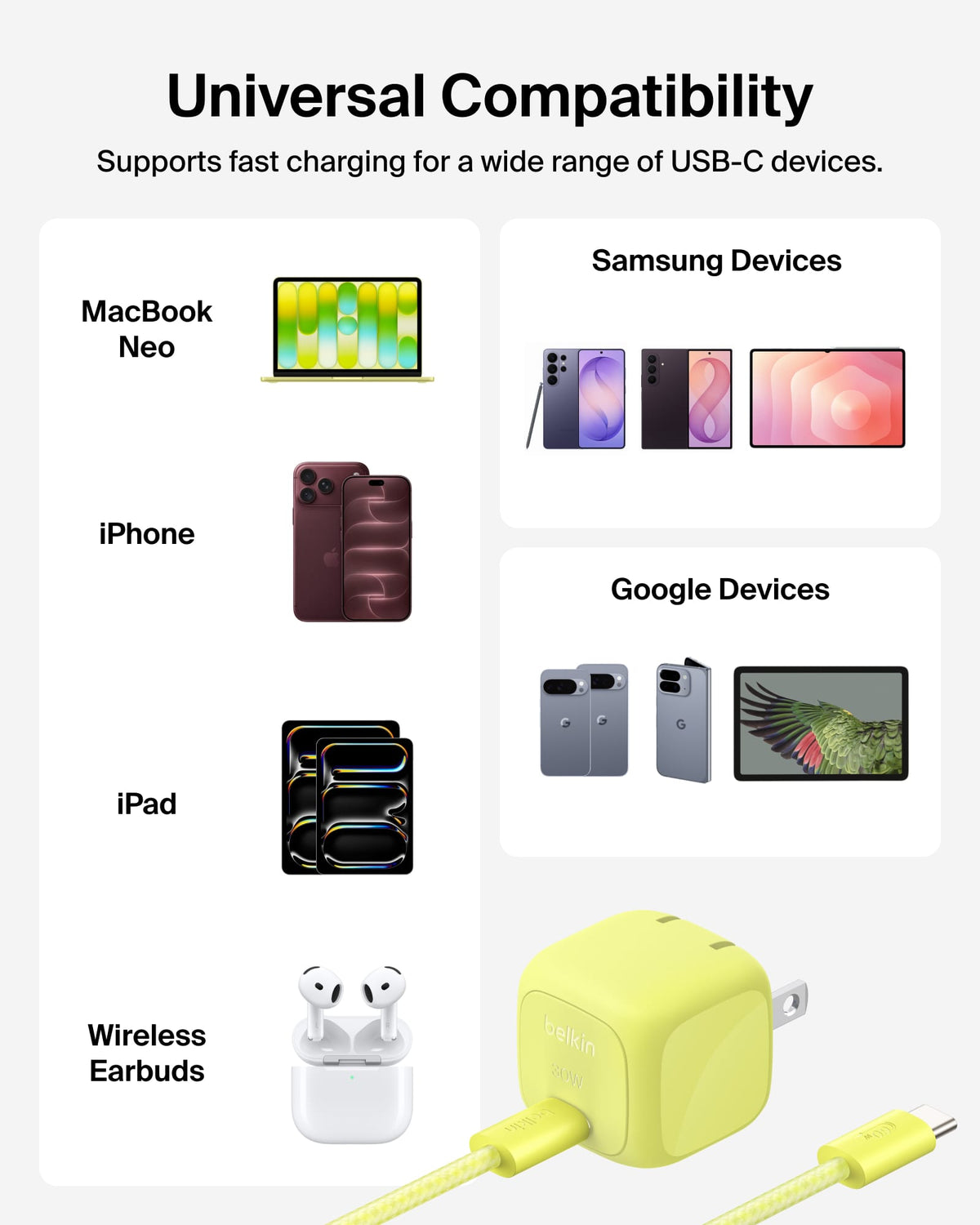 Belkin - BoostCharge USB-C Wall Charger 30W PD 3.1 Power Delivery Foldable Prongs with braided PCR C-C Cable for MacBook NEO - Citrus