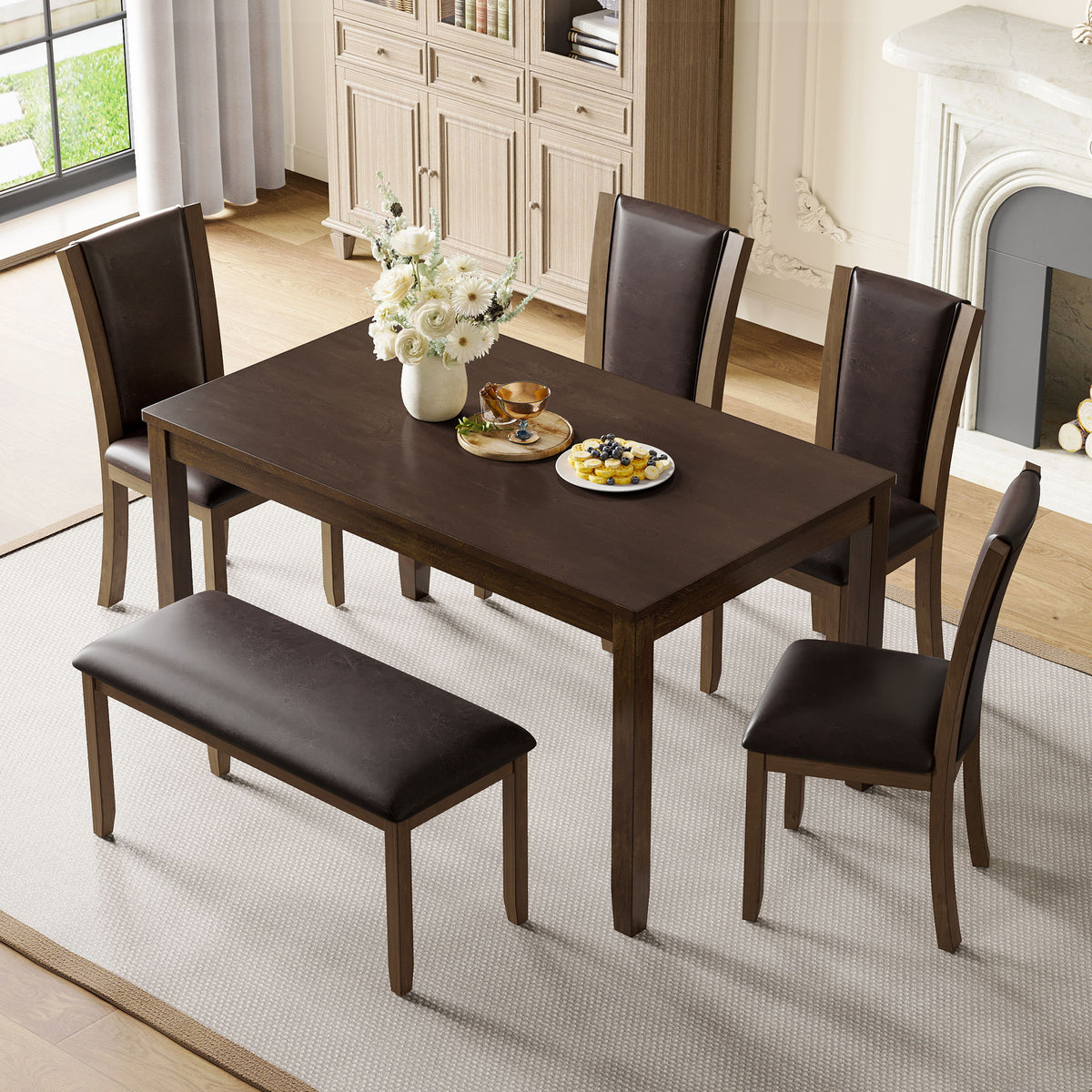 Juego de comedor de 6 piezas con mesa, banco y sillas para comedor - Nogal oscuro