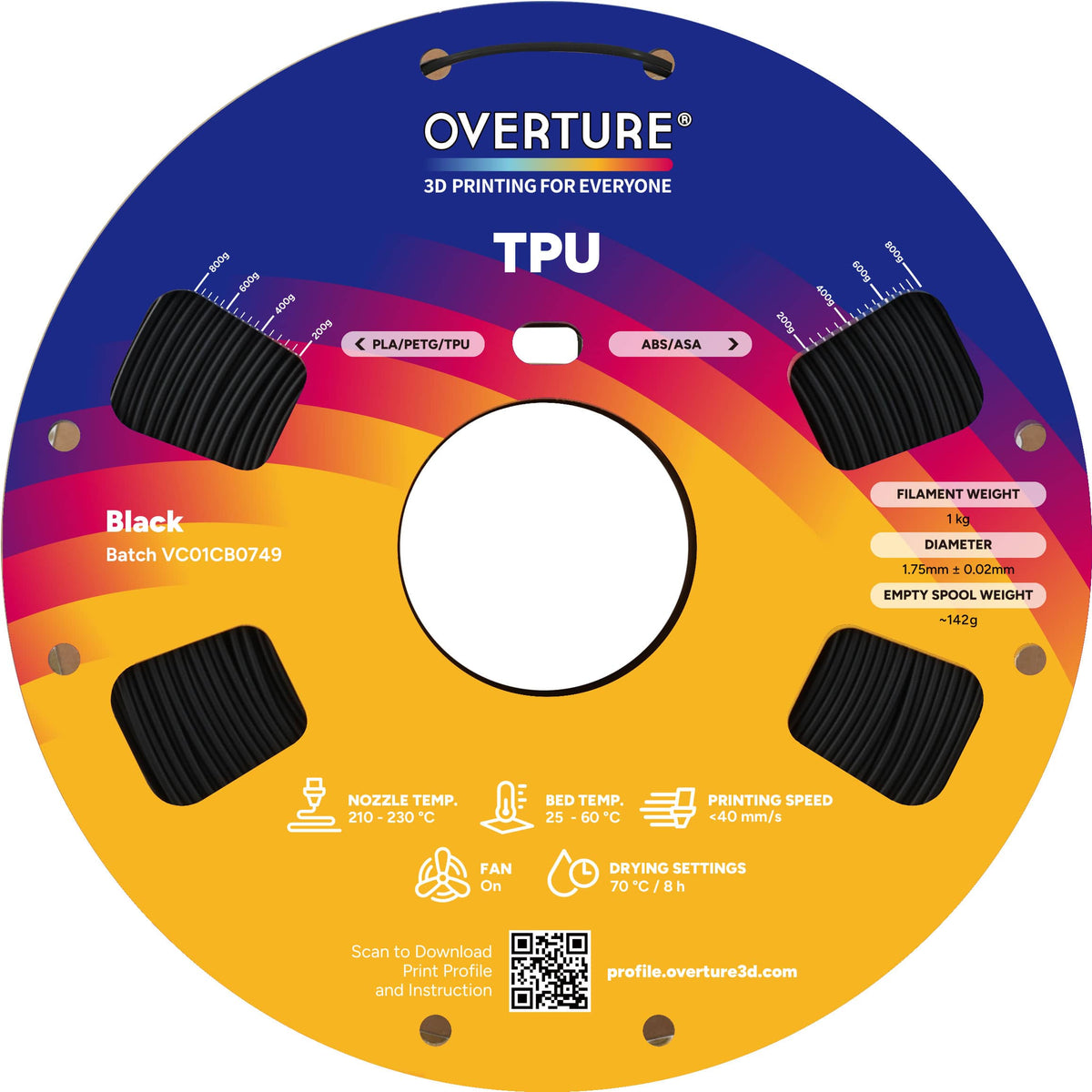 Overture - 1.75 mm TPU 3D Printer Filament - Black