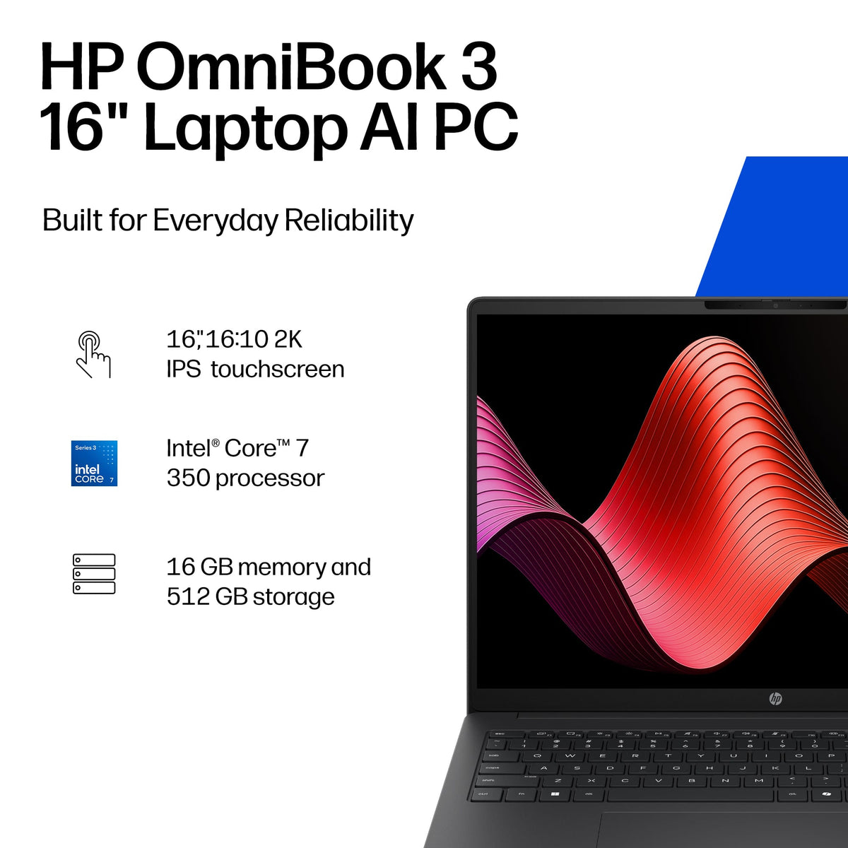 HP - OmniBook 3 - 16" 2K Touchscreen Laptop - Intel Core 7 350 (2026) - 16GB Memory - 512GB SSD - Mica Silver