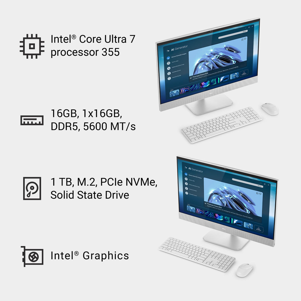 Dell - 27" 2K IPS Touchscreen All-in-One - Intel Core Ultra 7 Series 3 355 2026 - 16GB Memory - 1TB Storage - Copilot+ PC - Light Ash