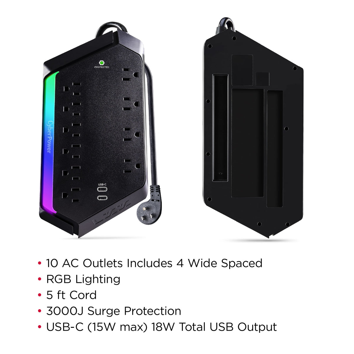 CyberPower - GXS1005C2 10 Outlet Surge Protector with RGB Lighting and USB Charging Ports - Black