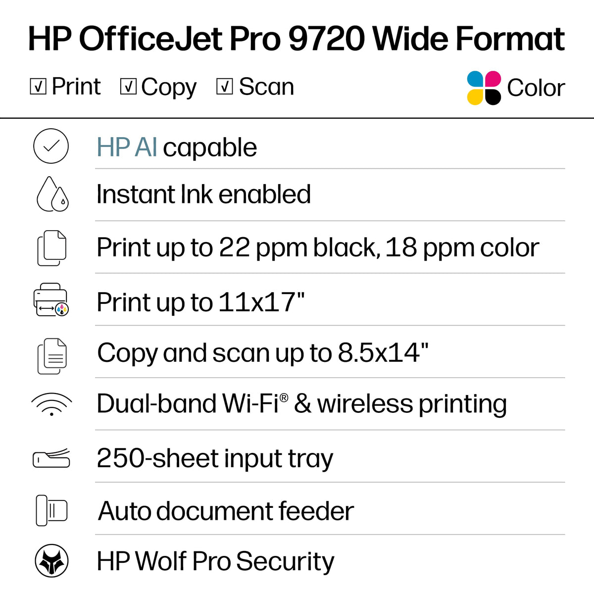 HP - OfficeJet Pro 9720 Wireless AI-Enabled Wide Format All-in-One Inkjet Printer with 3 Months of Instant Ink - White