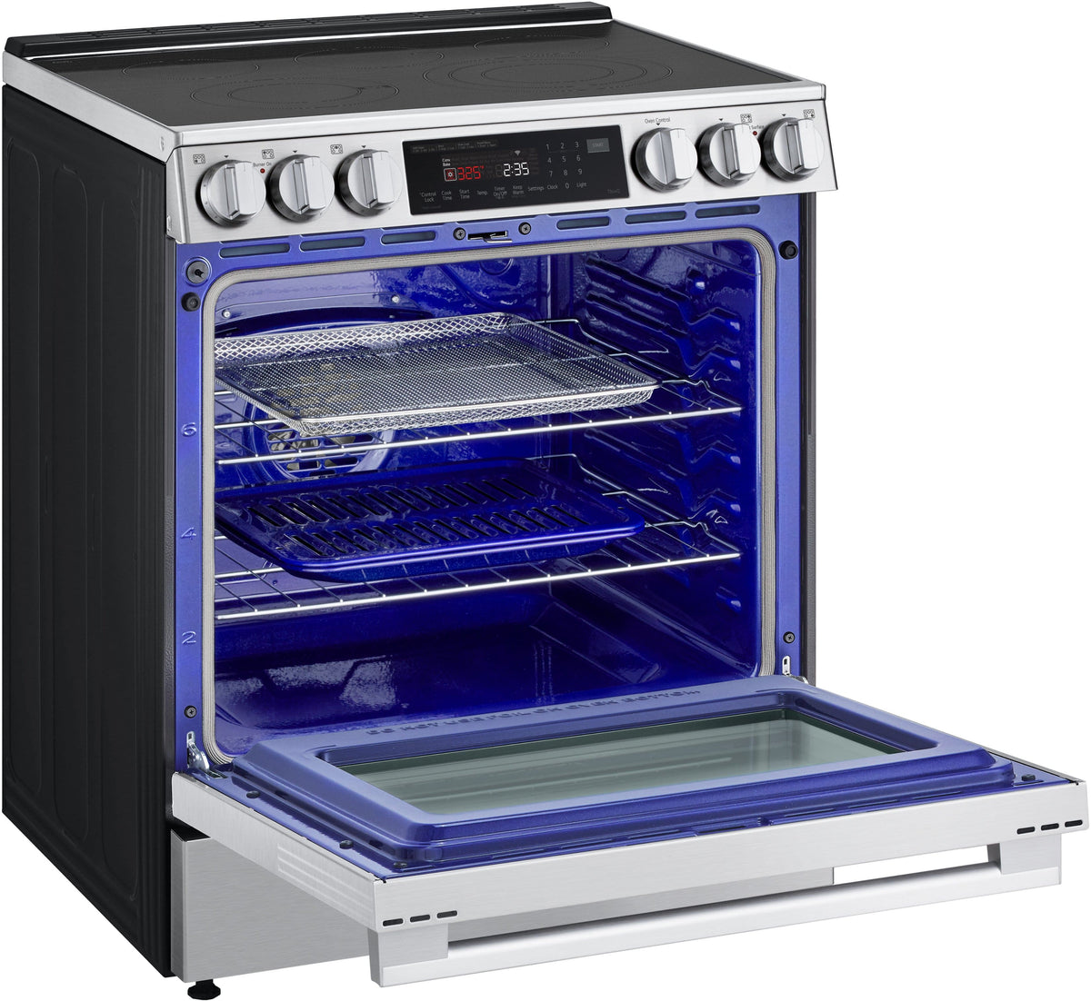 LG - 30-in Wide 6.3 Cu. Ft. Slide-In Electric True Convection Range with 5 Elements, InstaView and 2 UltraHeat Elements - Stainless Steel