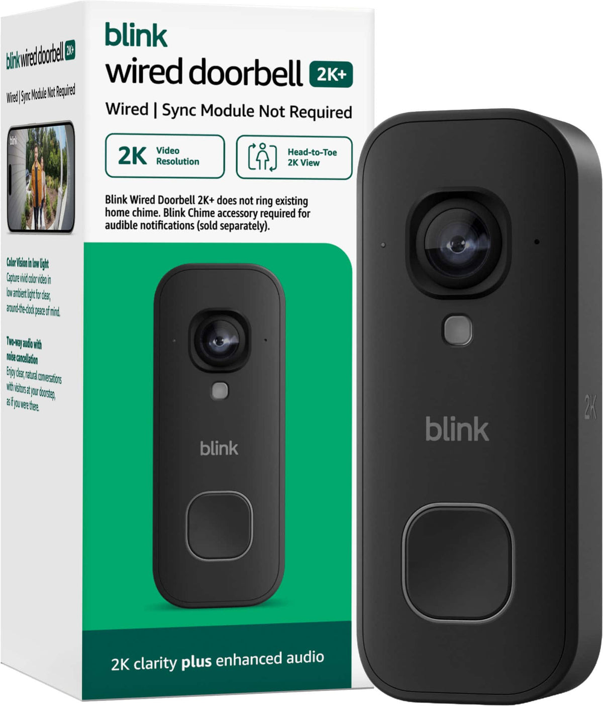 Blink - Wired Doorbell 2K+ - Head-to-Toe 2K video doorbell, continuous hardwired power, enhanced audio - Black