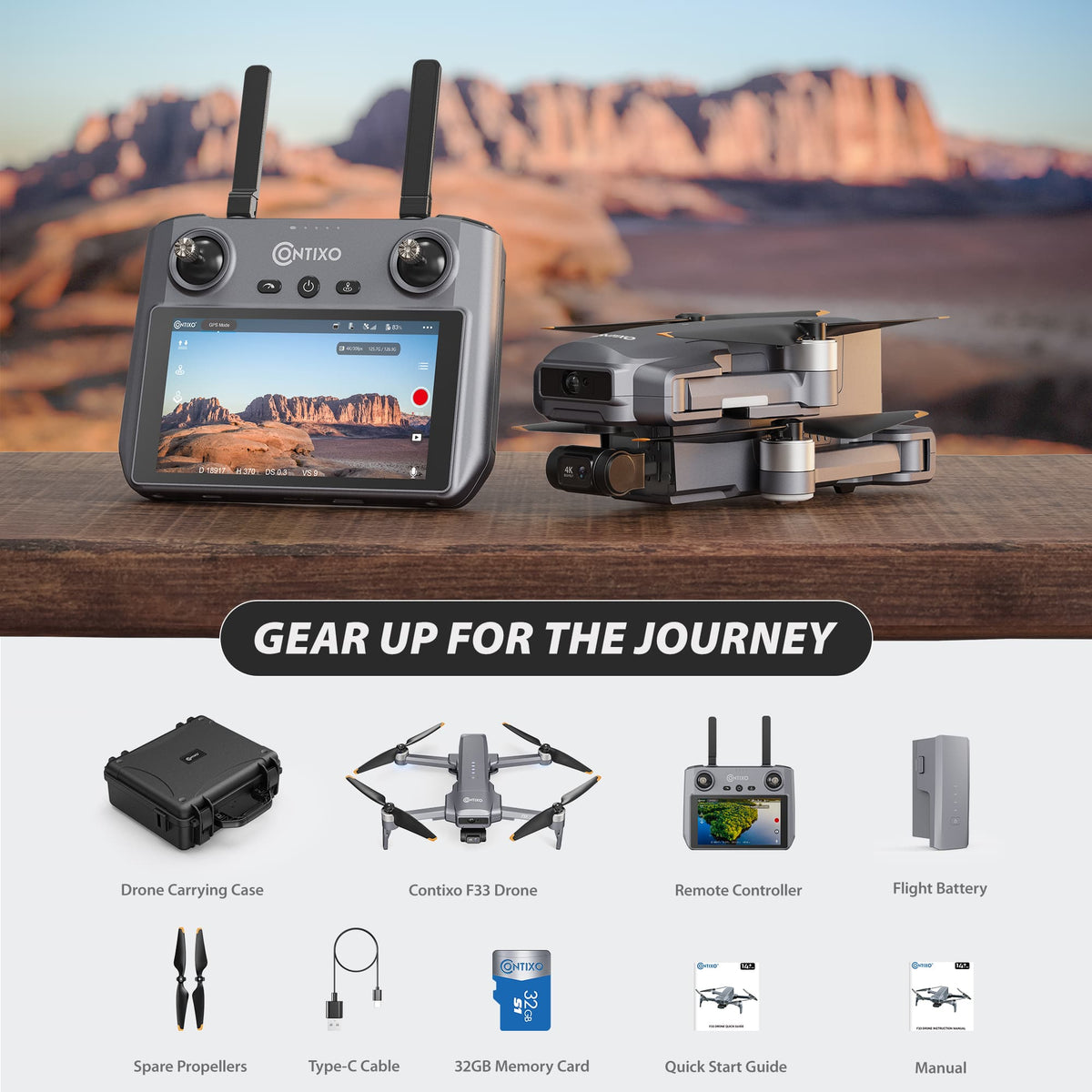 Contixo - F33 Vortex 4K GPS Drone with 2-Axis Gimbal, 6KM Range, 40-Min Flight, 5.5" HD Screen & Brushless Motor - Dark Gray